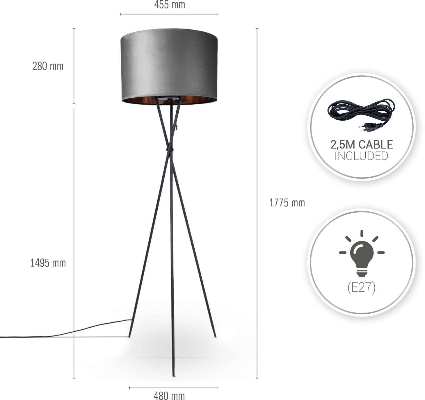 Paco Home Staande lamp Kate uni kleur Woonkamer driepoot vloerlamp velours hoogte 177,5cm filigraan E27