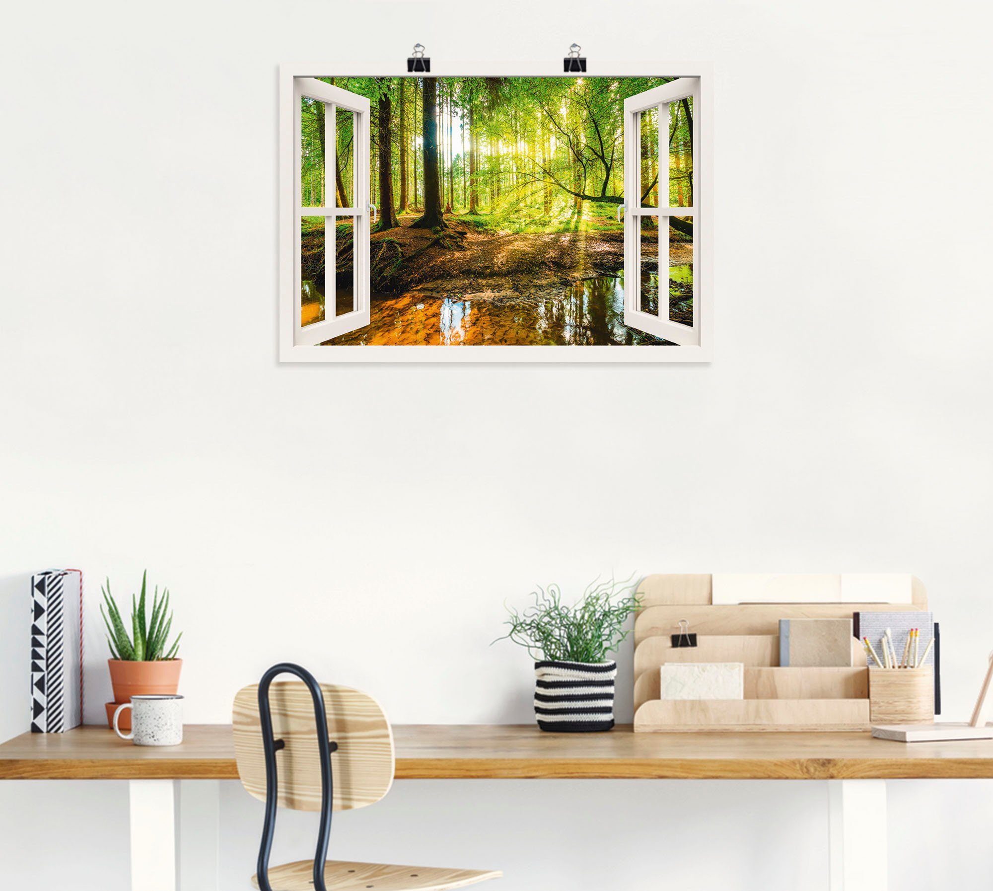 Artland Artprint Blik uit het venster - bos met beek als artprint op linnen, poster, muursticker in verschillende maten