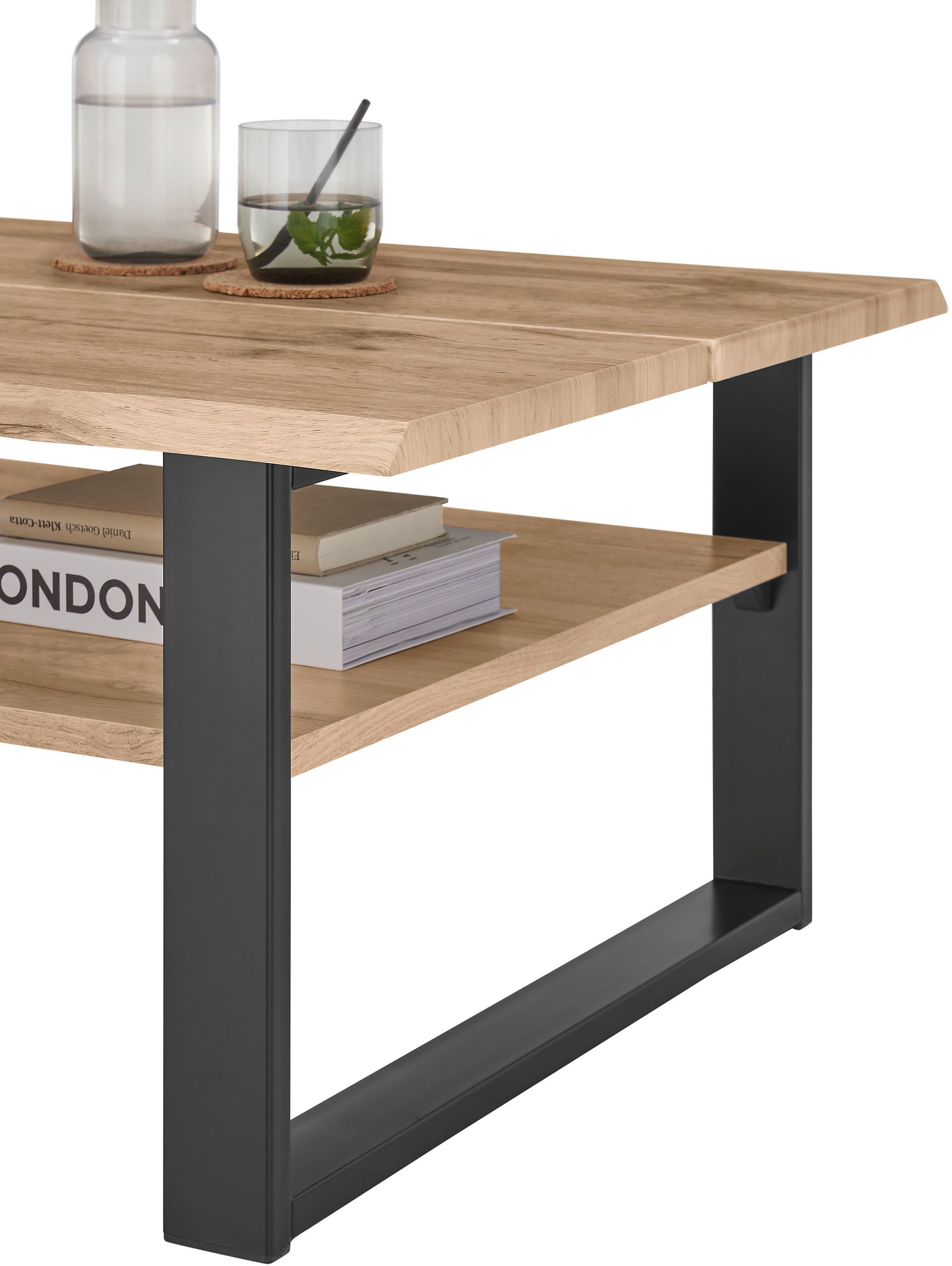 Stolkom Salontafel Venice salontafel met boomrand, BxHxD 107x40x66 cm Boomrandlook, industriële stijl, 1 opbergplank, Wotan eikenlook