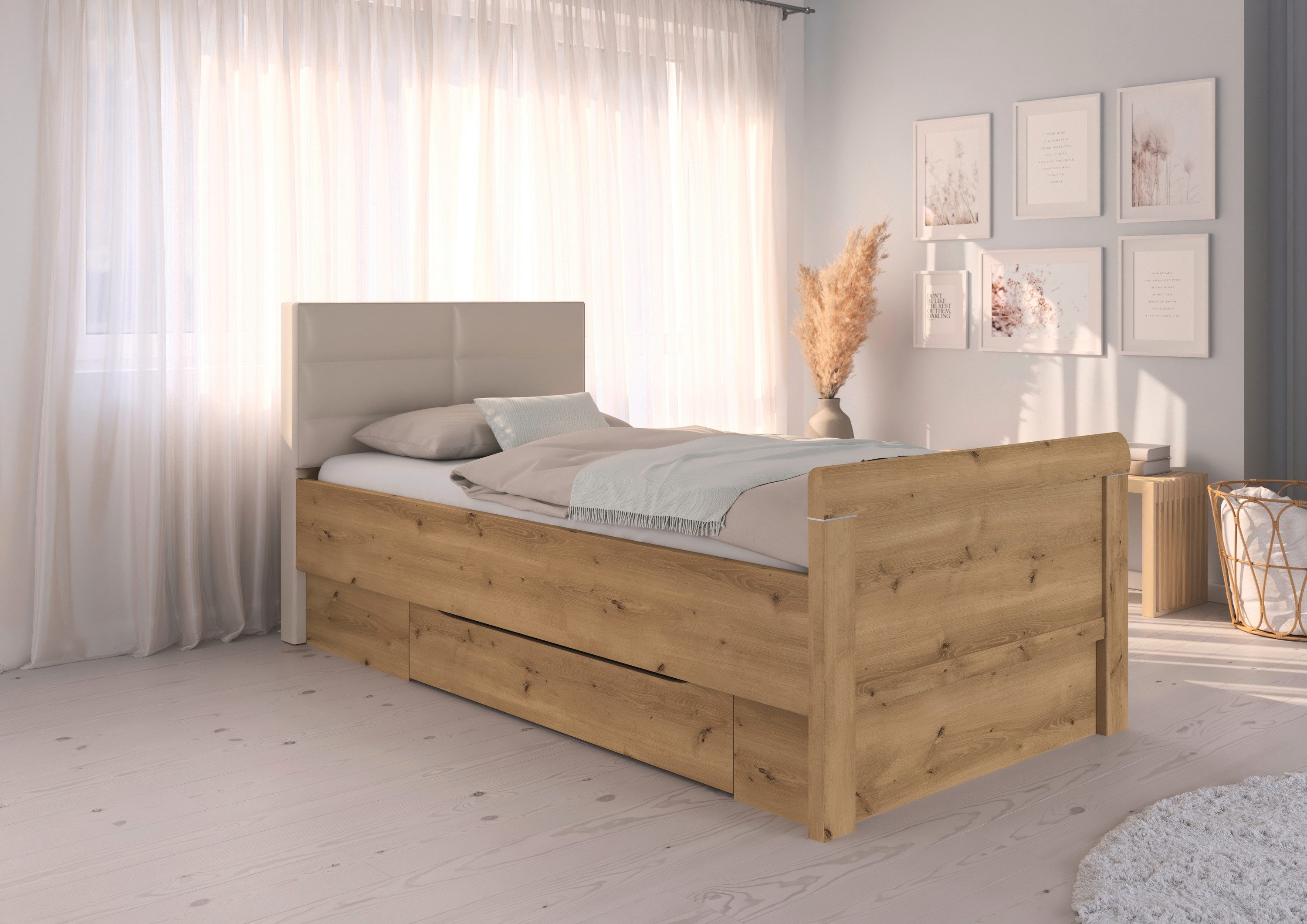 rauch Ledikant met bergruimte Bed Eenpersoons Stollenbed Bedkasten EVELYN in comfortabele hoogte met gestoffeerd hoofdeinde en lades made in germany