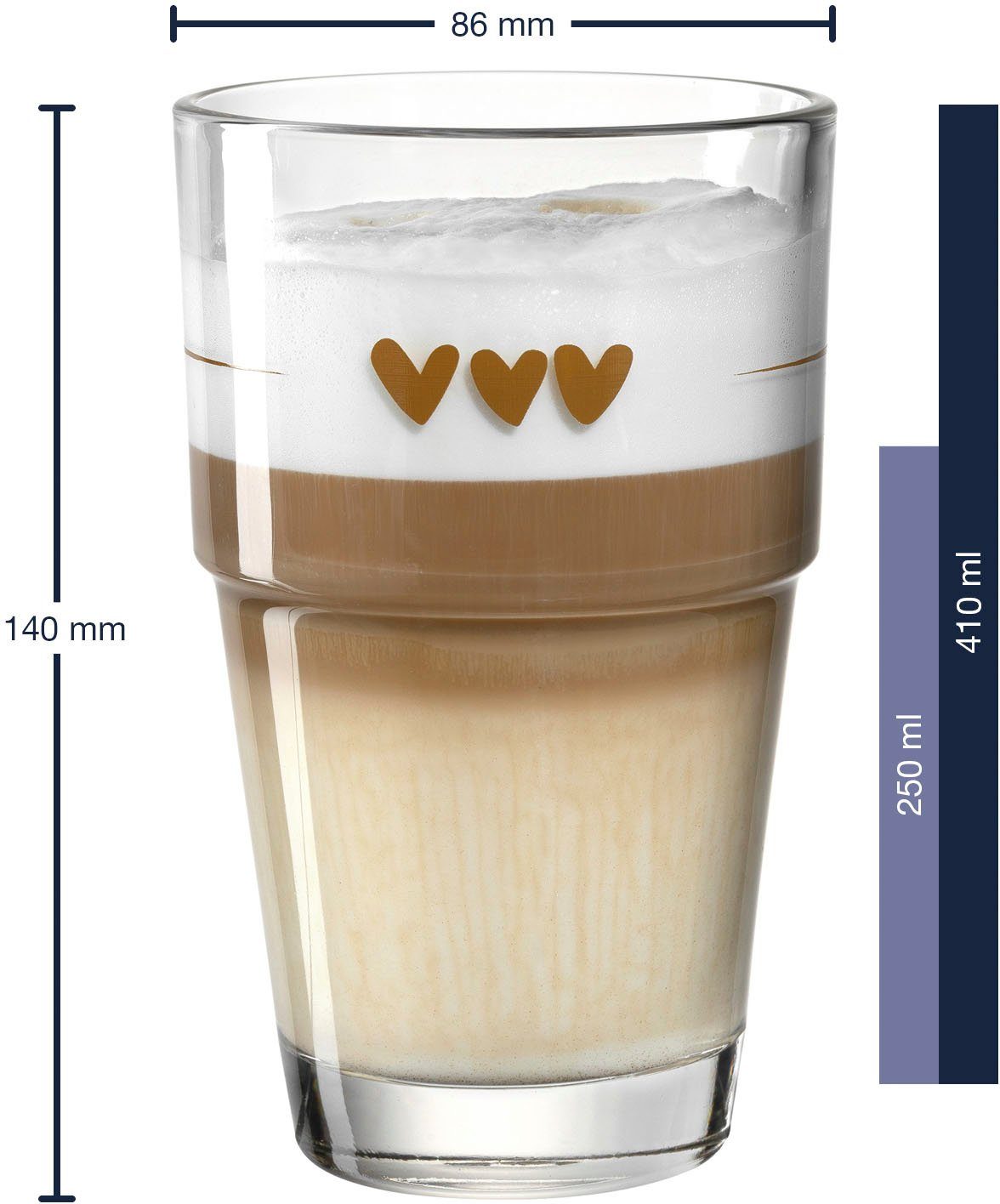 LEONARDO Latte macchiato glas Glazen-set SOLO, met hartmotief (set, 6-delig)