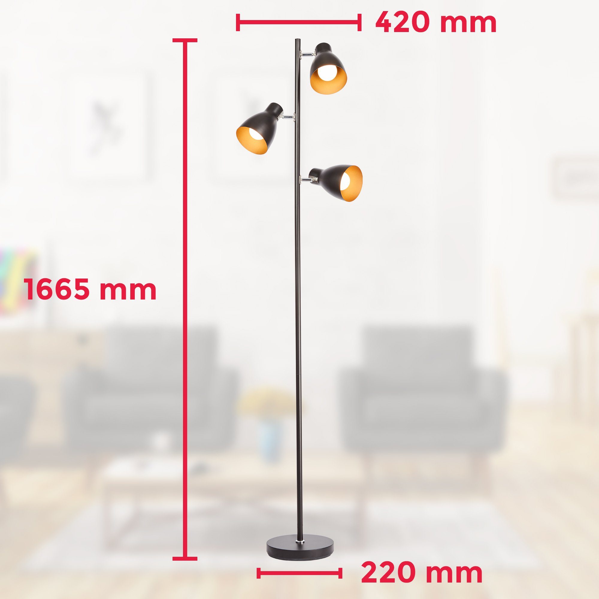 B.K.Licht Staande lamp LED vloerlamp design retro vintage metaal zwart-goudkleur