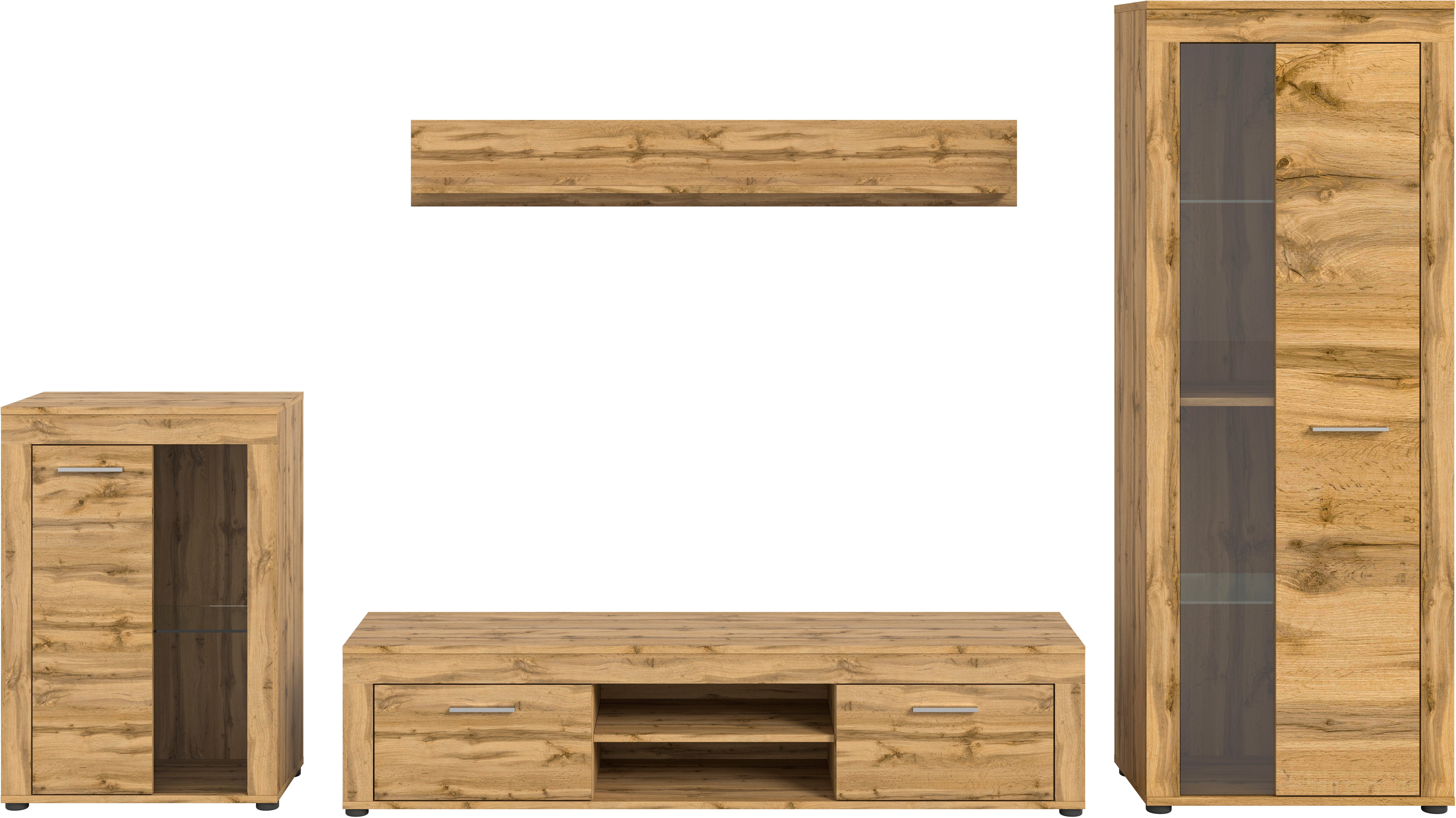 INOSIGN Wandmeubel Aosta, 4-delig, bestaande uit: vitrinekast, lowboard, wandplank & hoge vitrinekast (4 stuks)