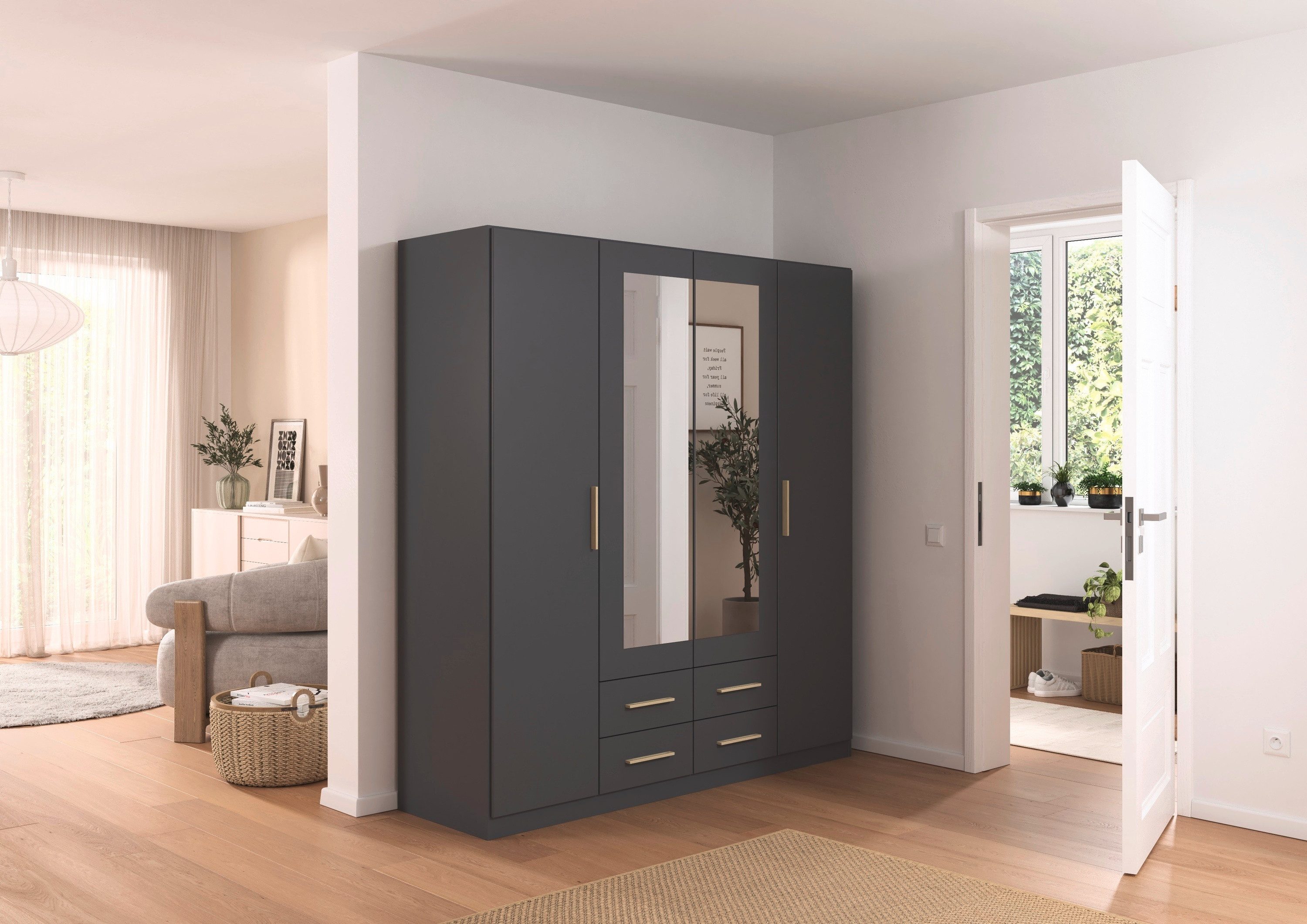 rauch Draaideurkast Kledingkast garderobe KREFELD optioneel met spiegel met 3 greepvarianten, incl. praktische lades made in germany