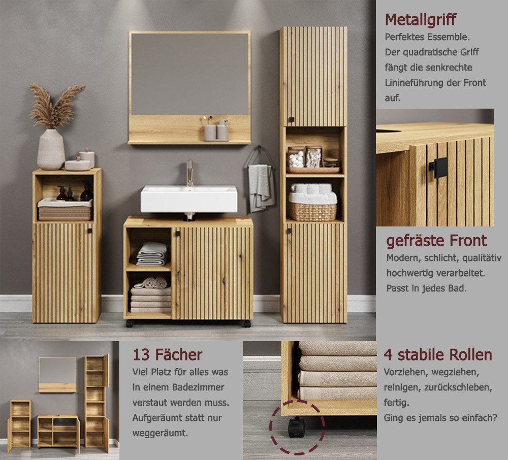 welltime Badmeubelset Amrum wastafelonderkast spiegel hoge kast badkamerkast Badkamermeubels met groeflook - Wasbakonderkast op wielen (complete set, 4 stuks)