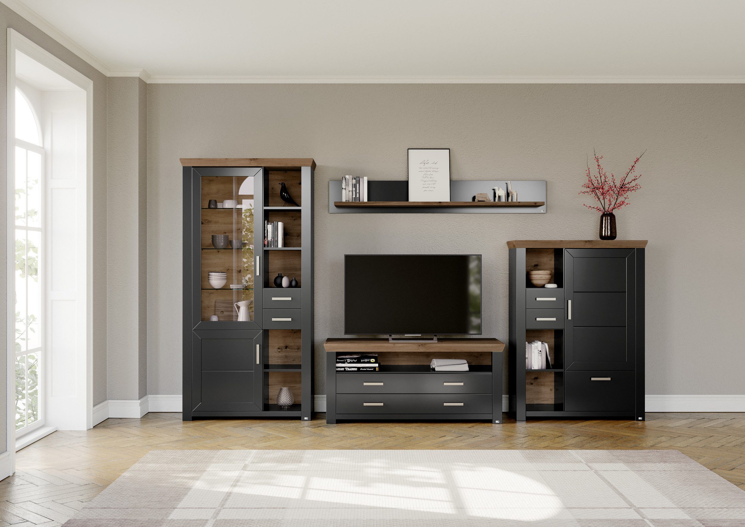set one by Musterring Wandmeubel York Combinatie met 4 delen, in 3 kleurvarianten, totale breedte 370 cm (4-delig) tv-wandmeubels grijs