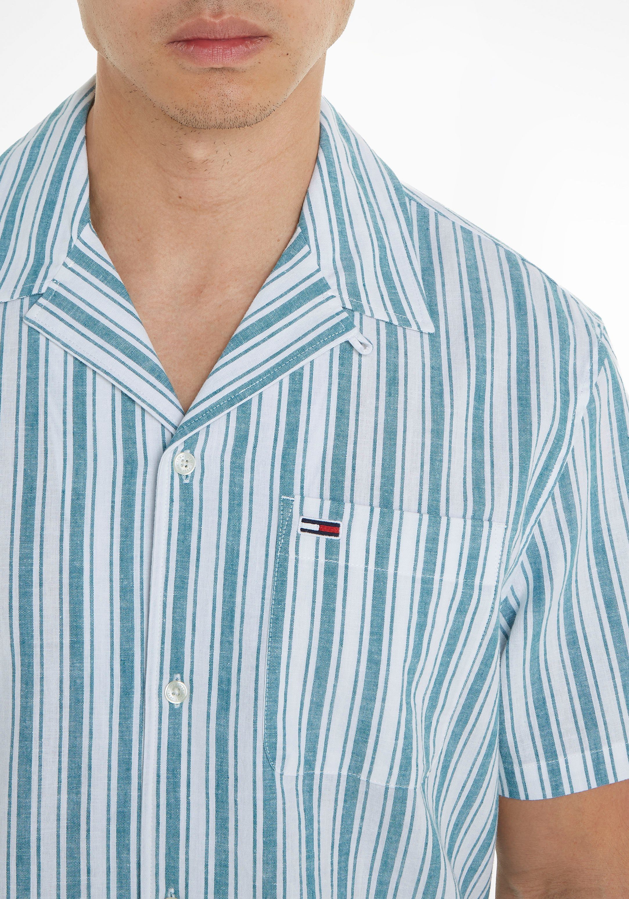 Tommy Jeans Plus Overhemd met korte mouwen TJM STRIPE LINEN SS SHIRT EXT Grote maten, modieuze lengtestrepen