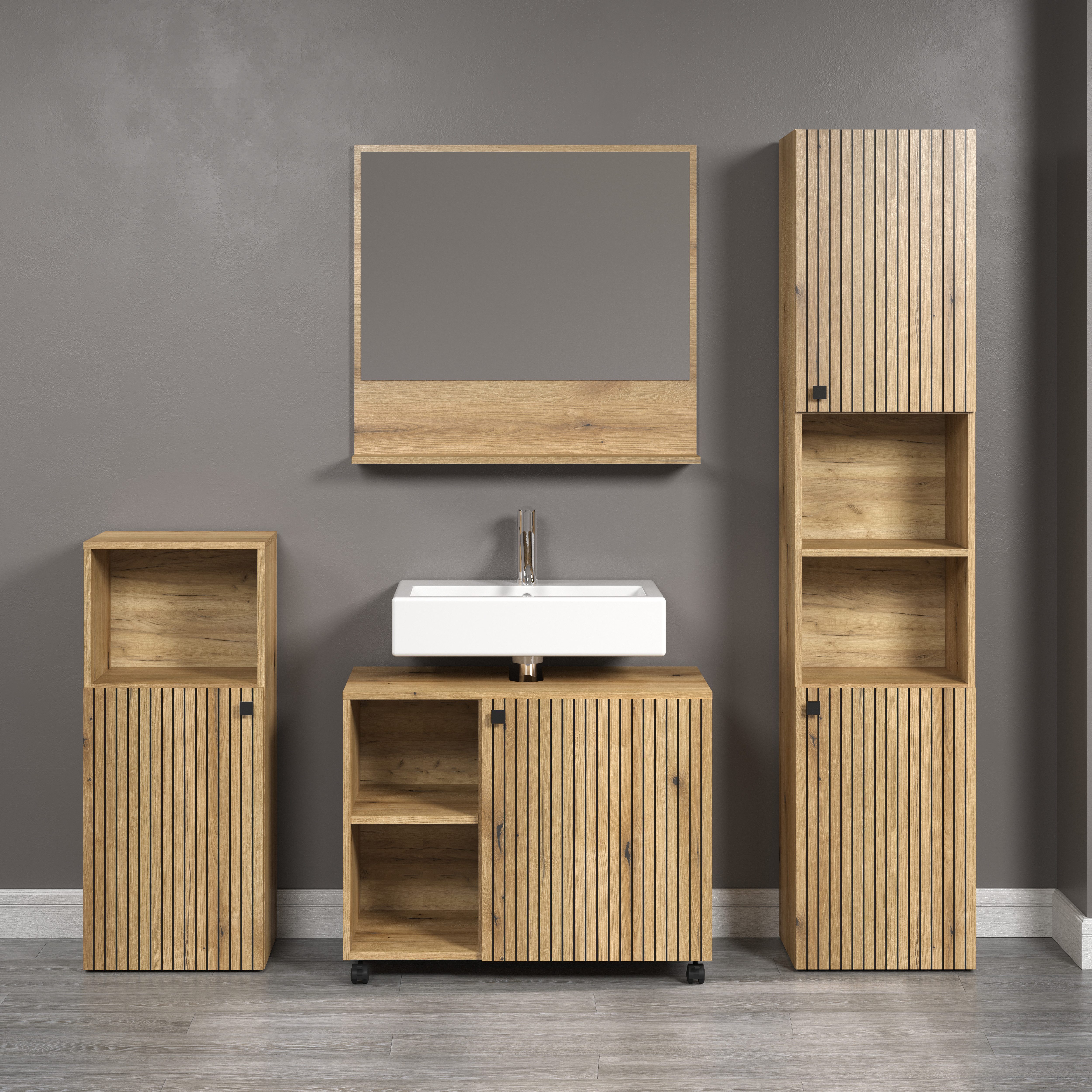 welltime Badmeubelset Amrum wastafelonderkast spiegel hoge kast badkamerkast Badkamermeubels met groeflook - Wasbakonderkast op wielen (complete set, 4 stuks)