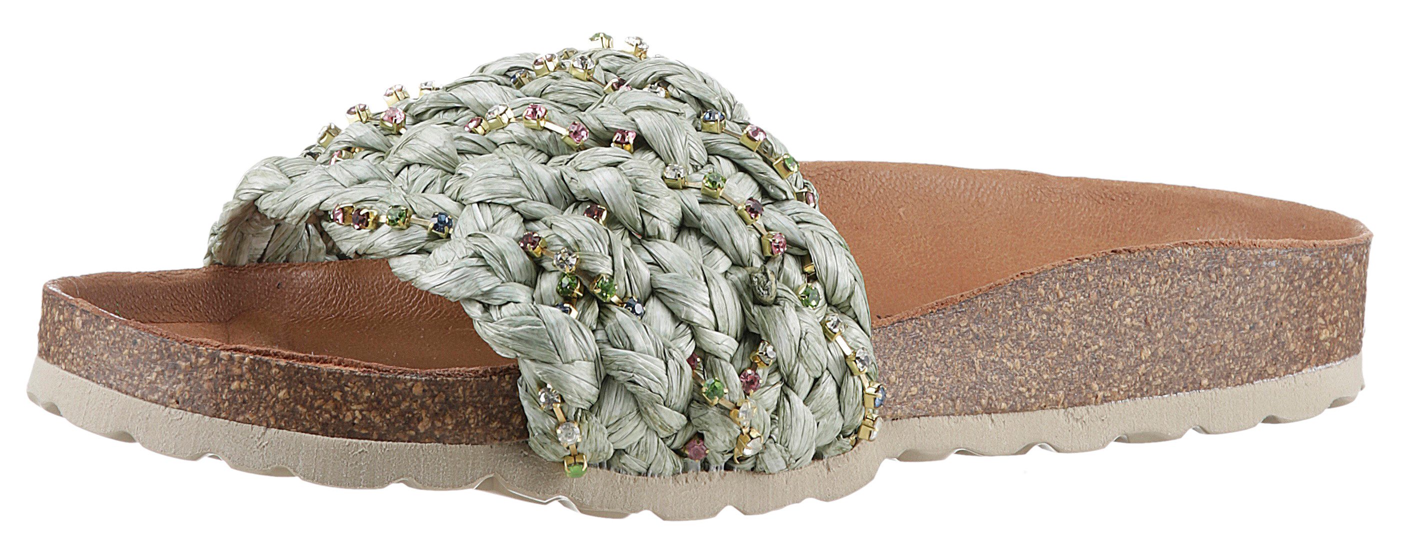 VERBENAS Slippers RICA TRENZA RAFIA BRILLOS , zomerschoen, badschoen, slippers met leren voetbed dames sandaaltjes maat 40 EU groen