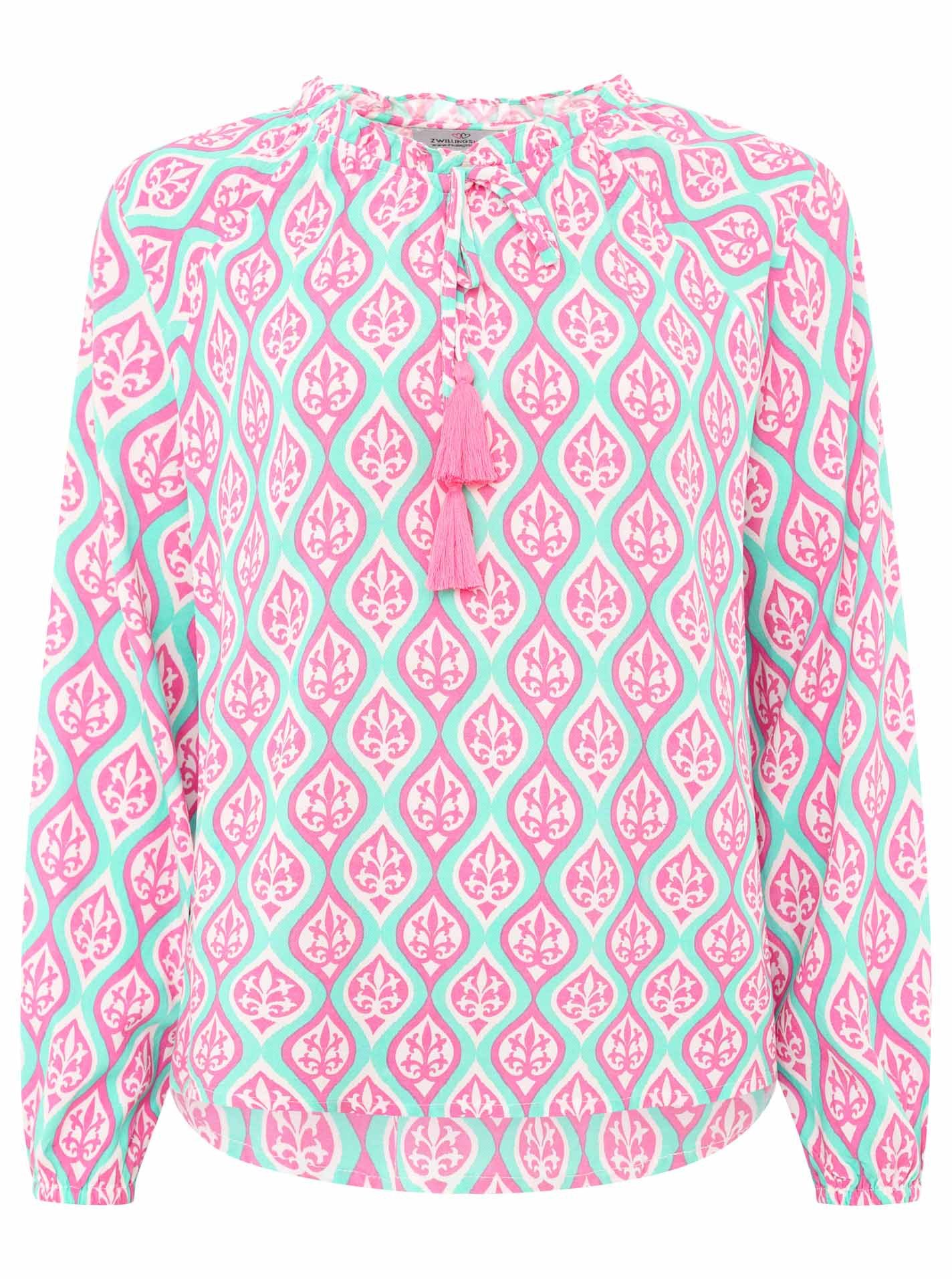 Zwillingsherz Blouse zonder sluiting Ovale Ranken met bijzonder patroon, bindband met kwastjes