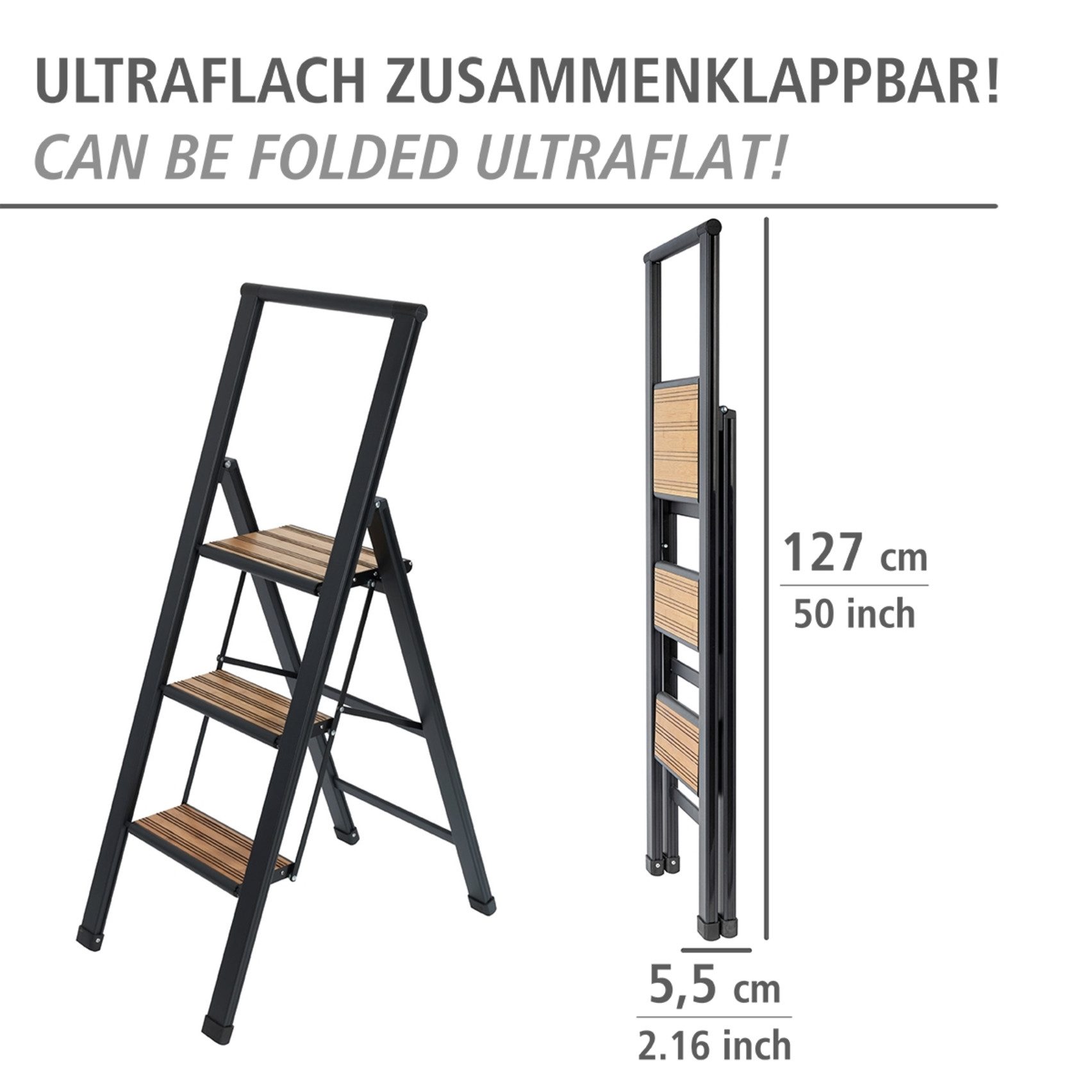 WENKO Huishoudtrapje Model Alu-Design Aluminium-design, XXL-treden, robuust aluminium in combinatie met bamboe