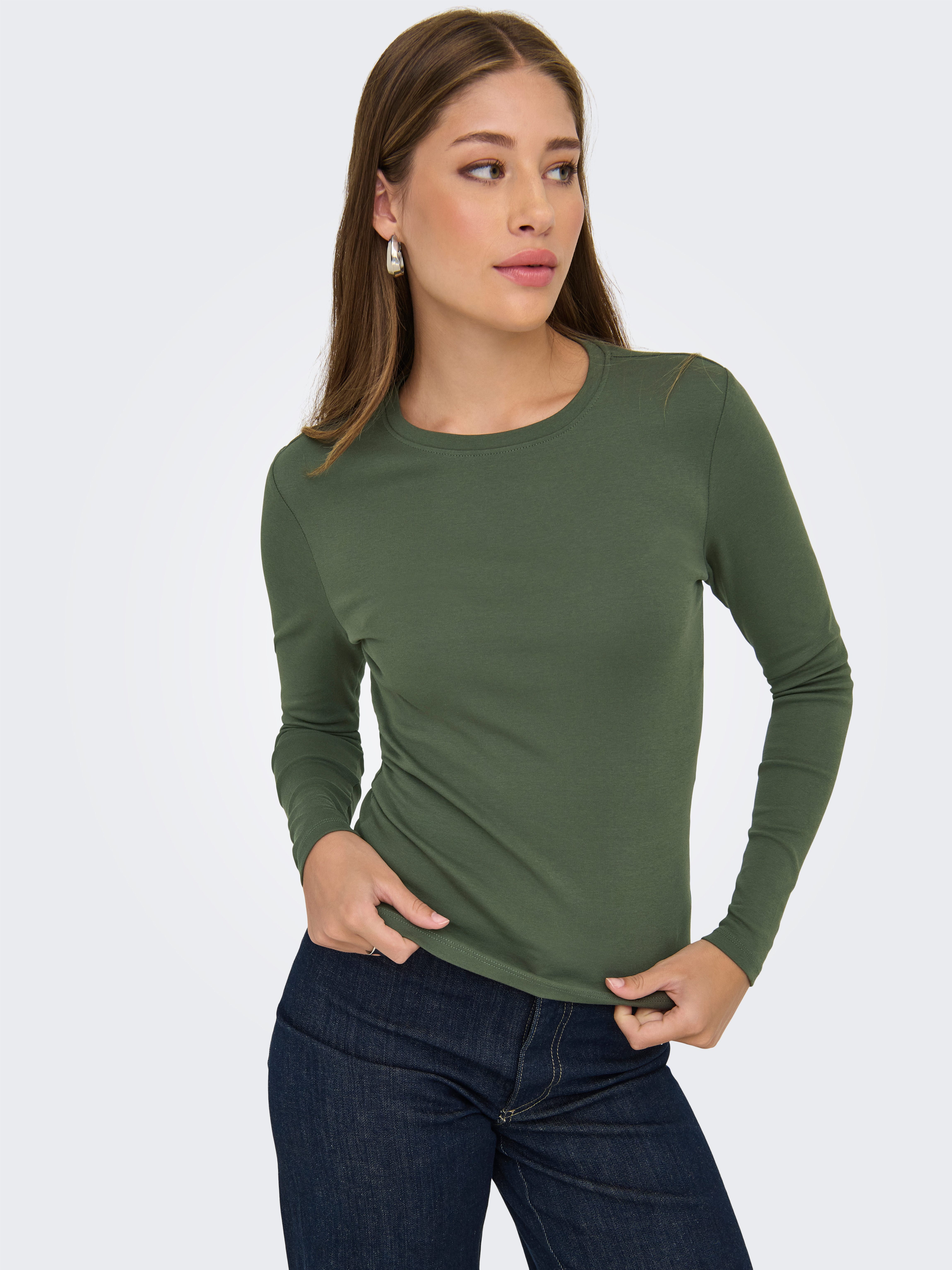 Only Shirt met lange mouwen ONLRILEY O-NECK L/S TOP JRS dames longsleeves maat XS (34) groen