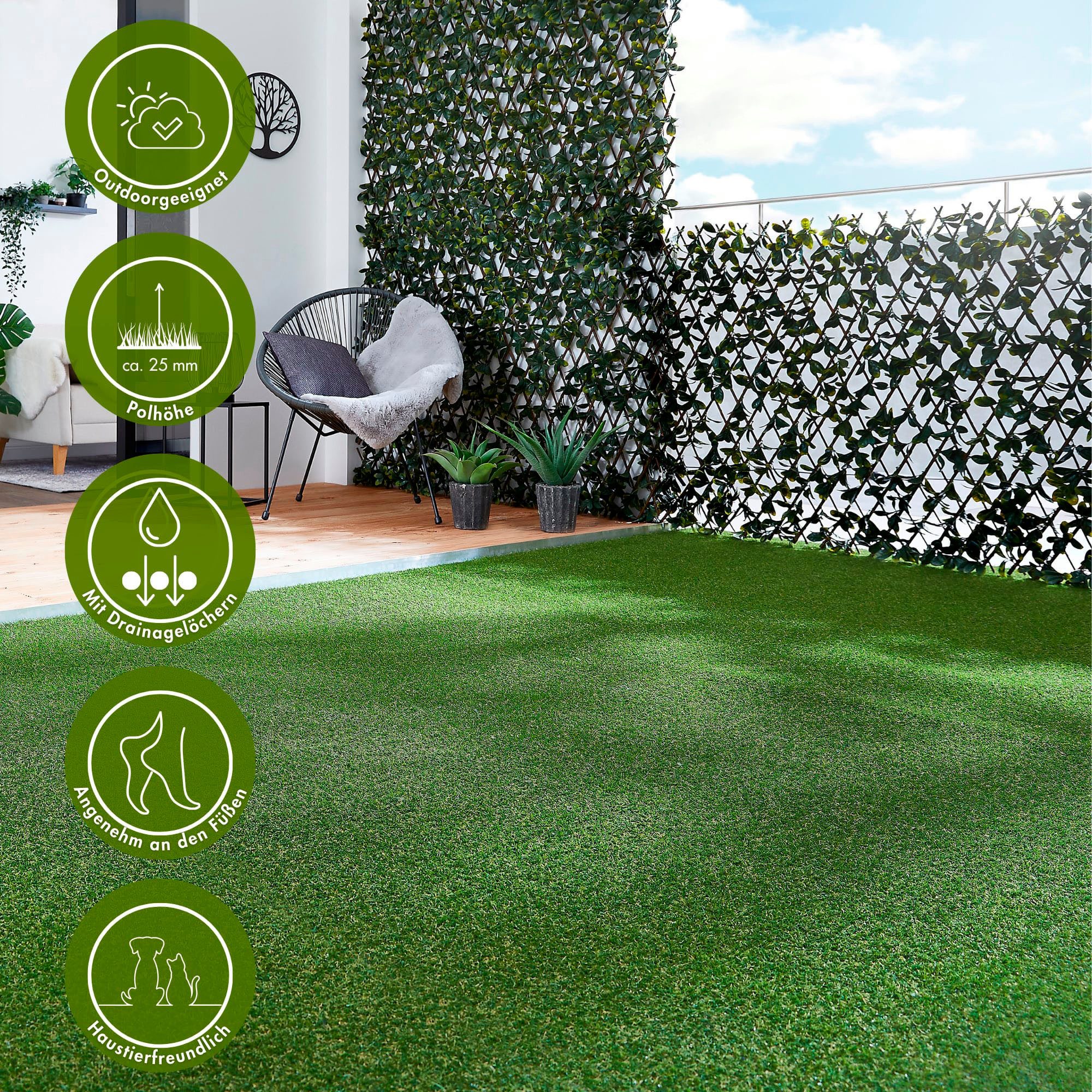 Andiamo Kunstgras Tappij Bali, Made in Belgium realistische uitstraling, met afvoersysteem, voor balkon & terras (1 stuk) buitenkleden maat 200 cm x