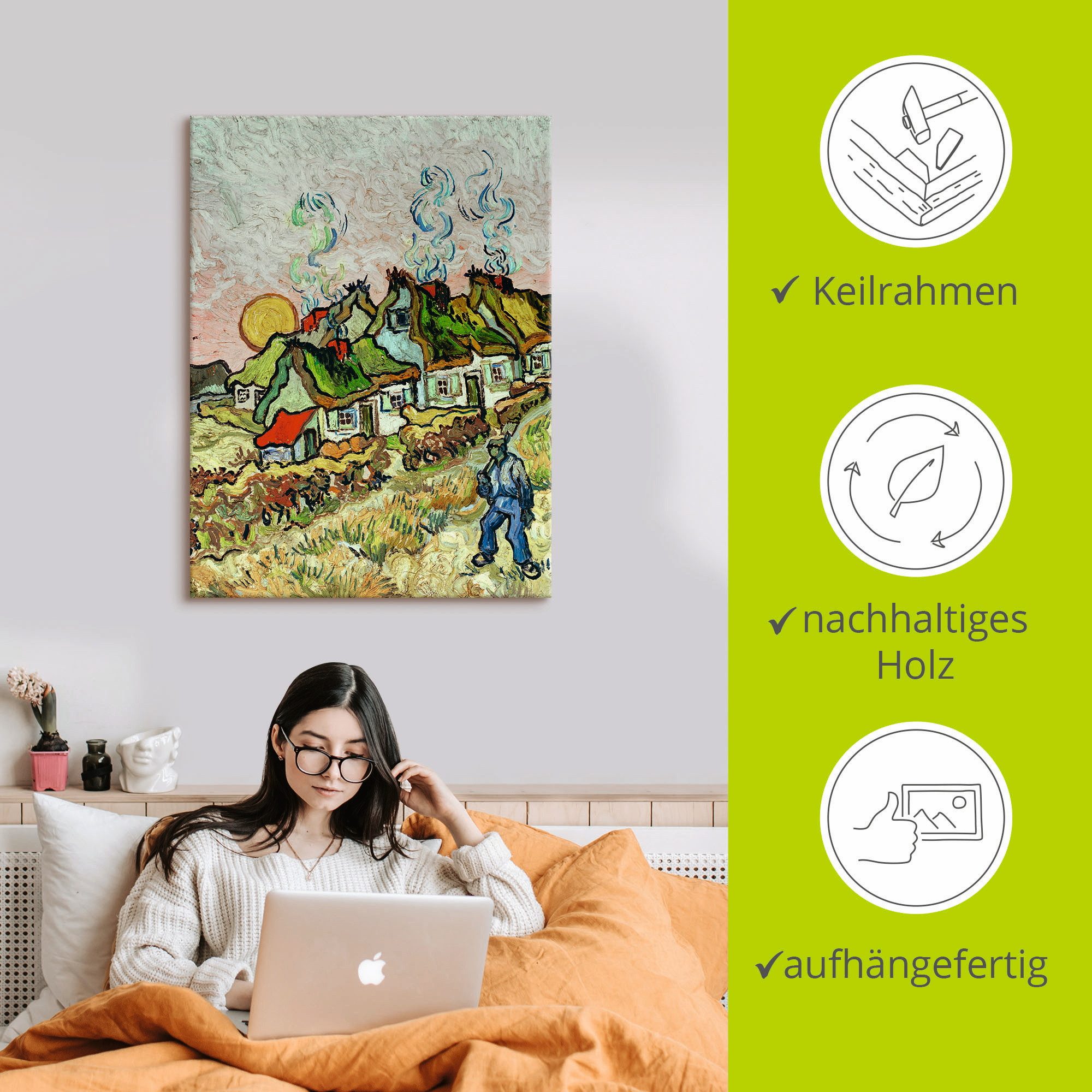 Artland Artprint op linnen Boeren huizen bij zonsondergang
