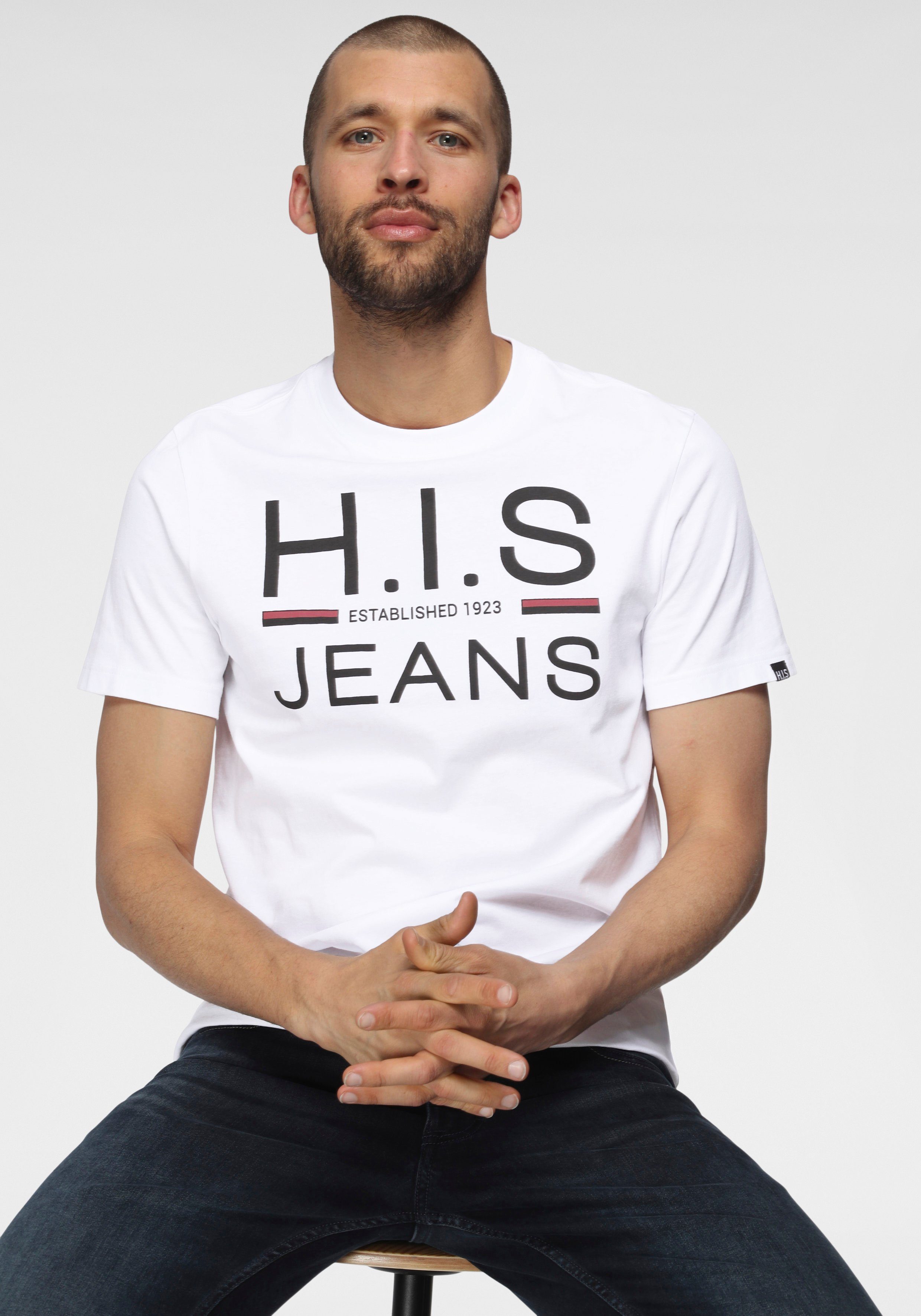 H.I.S Shirt met ronde hals slank gesneden, bedrukt ontwerp, ronde hals, van katoen (Set van 2)
