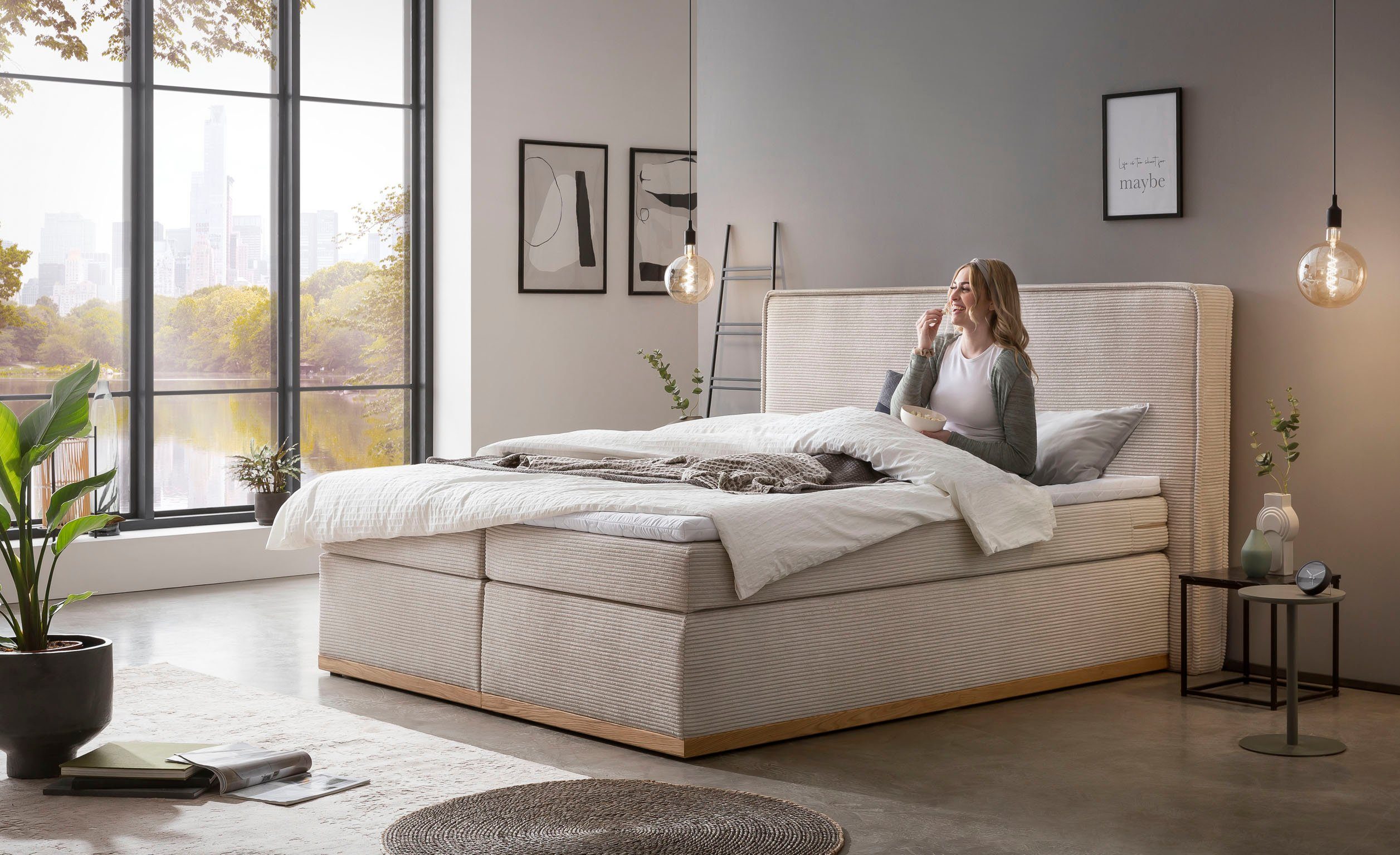 Home affaire Boxspring SHERWOOD Cord Hotelbett, Polsterbett Premiumbett Boxbett Hoogwaardig cord ,zachte velours-structuur, met topmatras, eiken