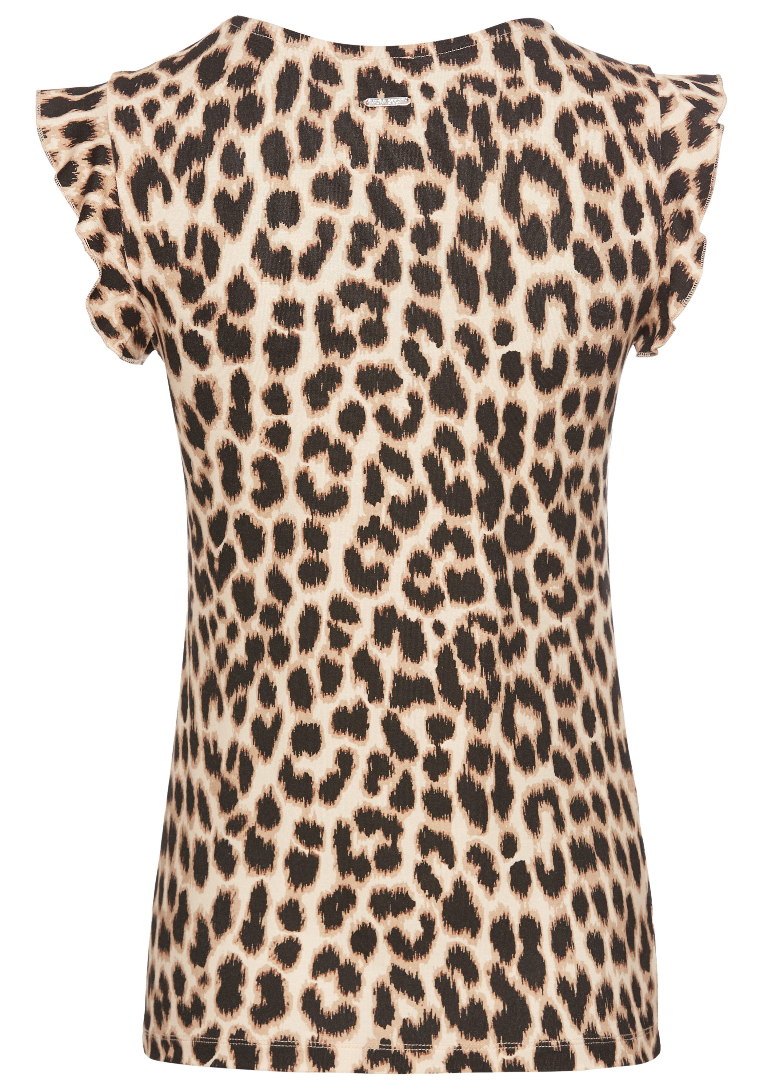 Laura Scott Shirt met V-hals met luipaard alloverprint & subtiele mouwinzet - nieuwe collectie