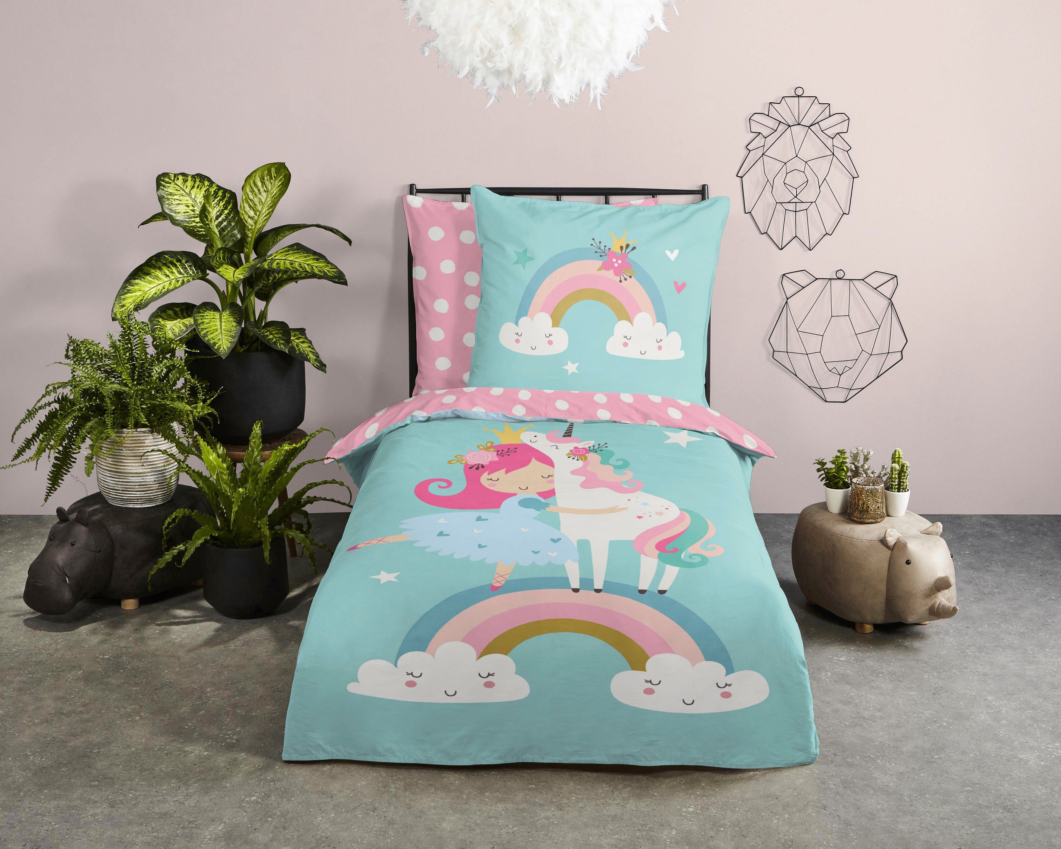 good morning Kinderovertrekset Heaven Katoen, 135x200, Rits, Omkeerbaar, Kind, Meisje, Eenhoorn (2-delig) dekbedovertrekken blauw