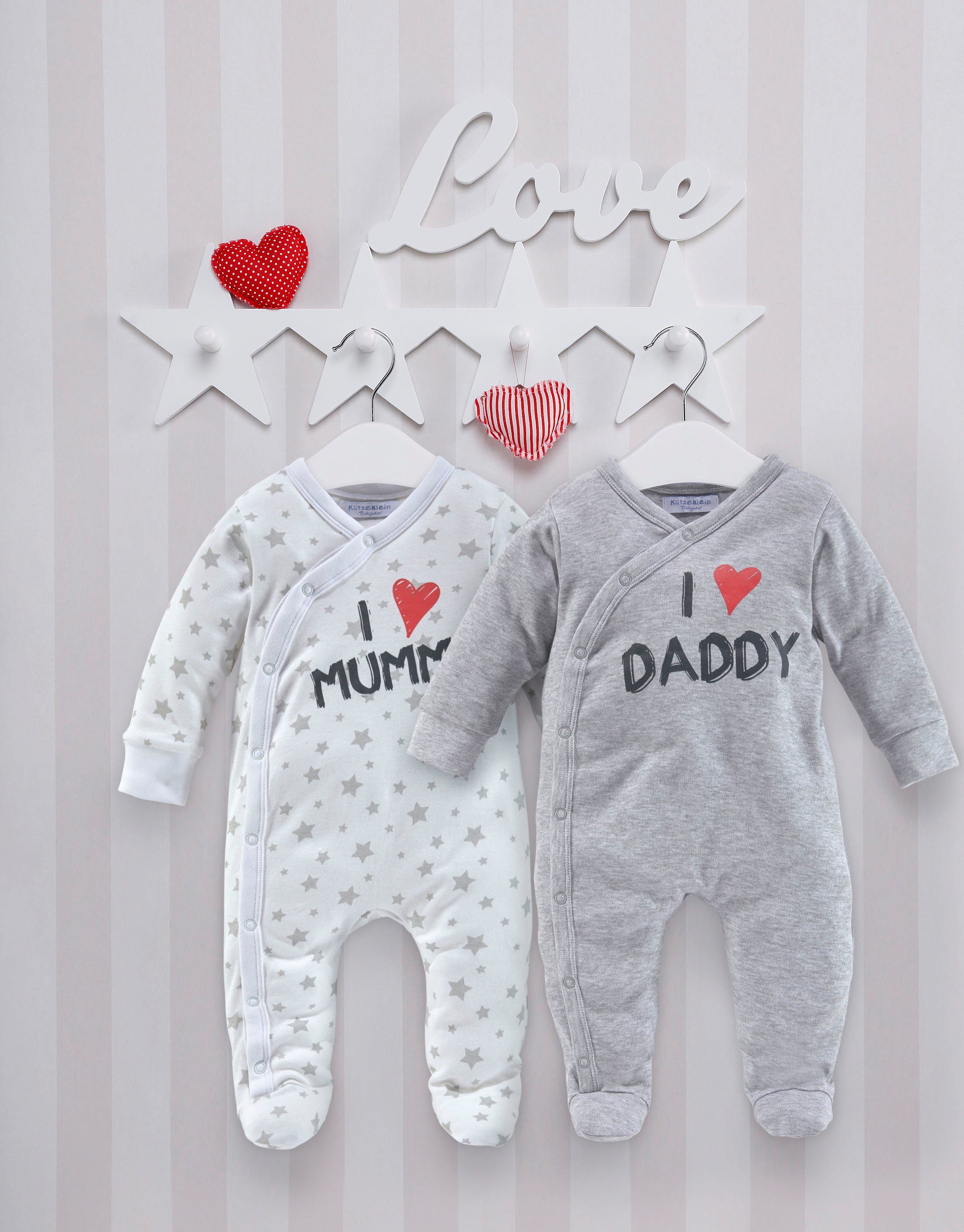 Klitzeklein Slaaponesie I love Mummy / I love Daddy van bio-katoen, babyjumpsuits (2-delig, Set van 2)