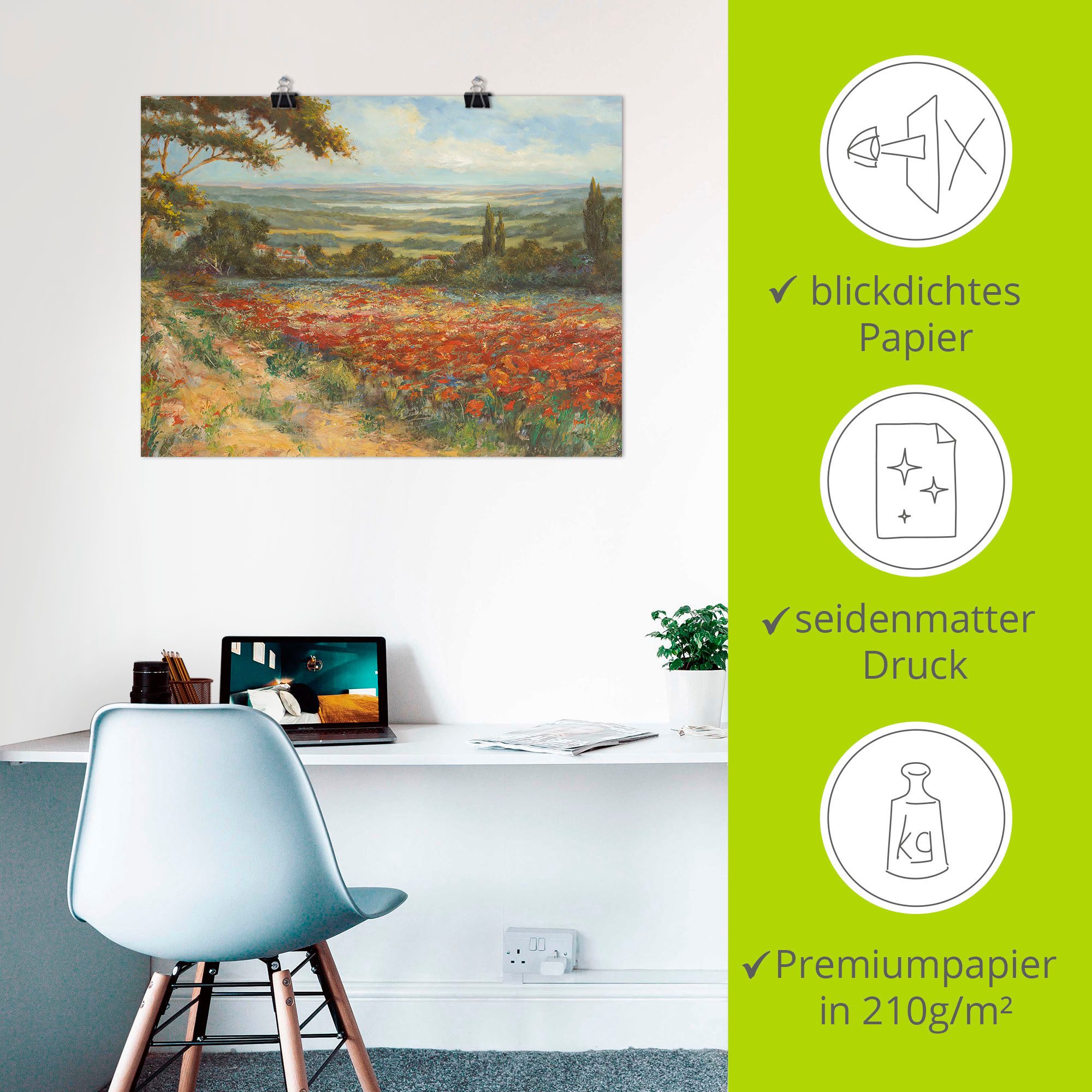 Artland Artprint Weg bij een veld klaprozen als artprint op linnen, poster in verschillende formaten maten