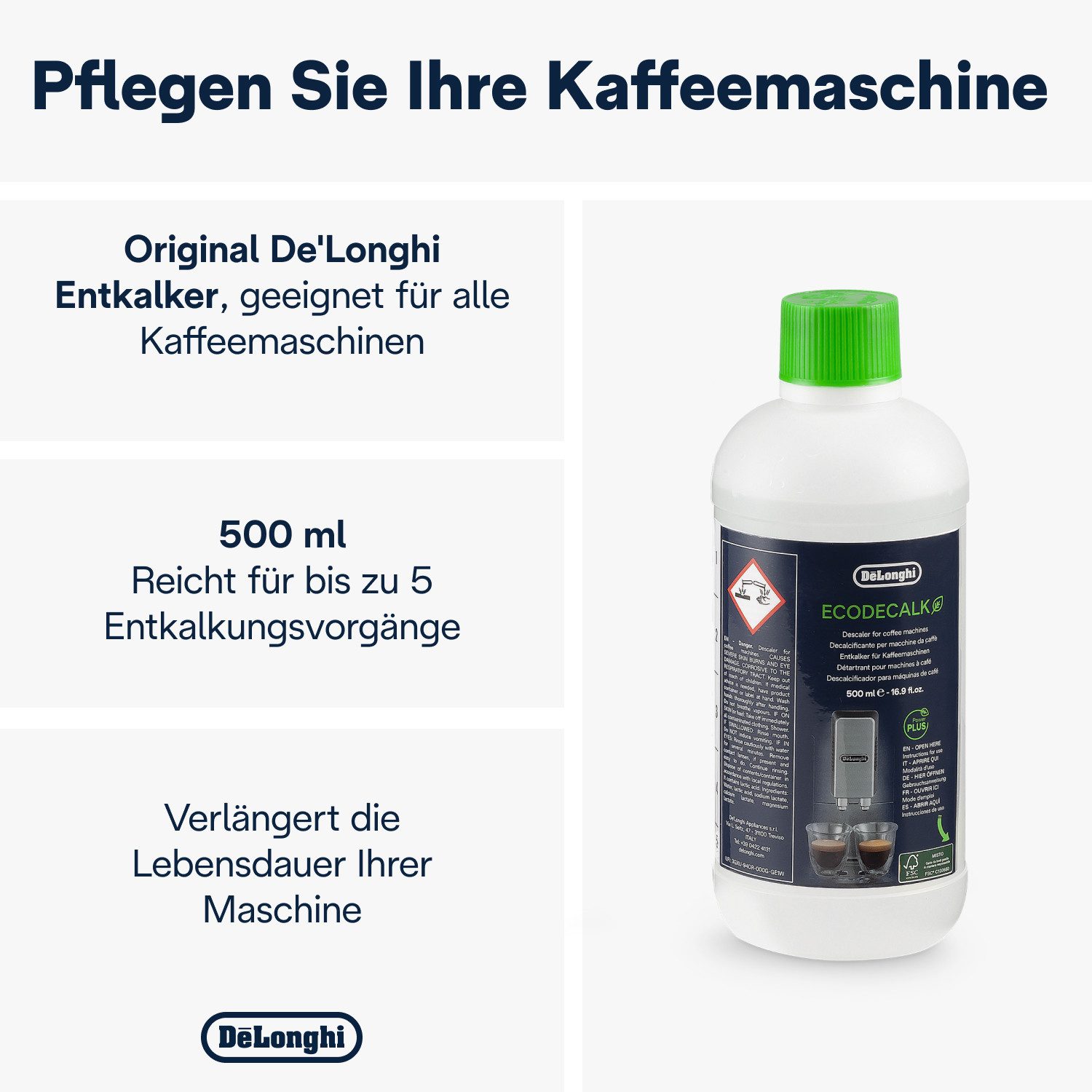 De'Longhi Ontkalker DLSC500 EcoDecalk, Kalkverwijderaar voor volautomatisch koffiezetapparaat en espressomachine