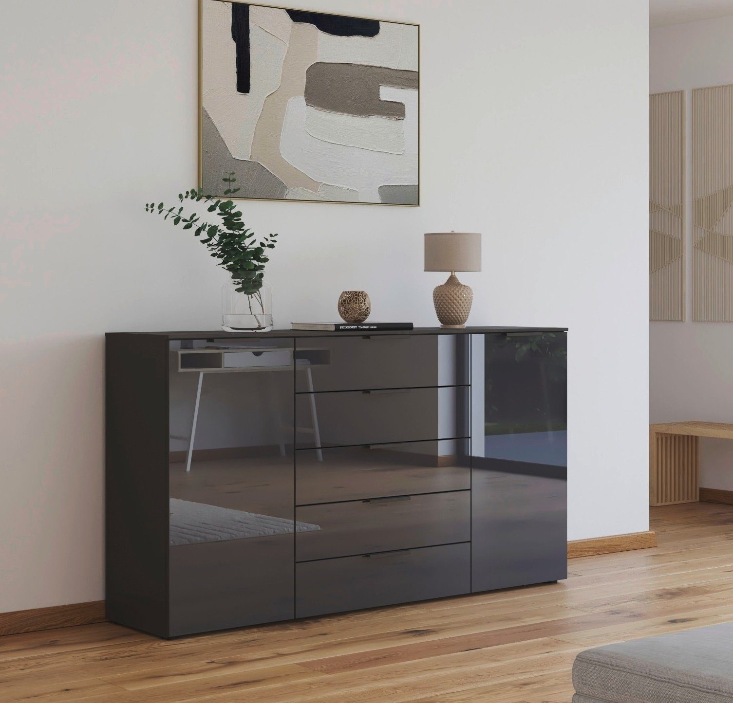 rauch Ladekast Commode deurkast sideboard combikast FLIPP met glasfront 2-deurs met 5 lades en soft-close, 2 breedtes made in germany