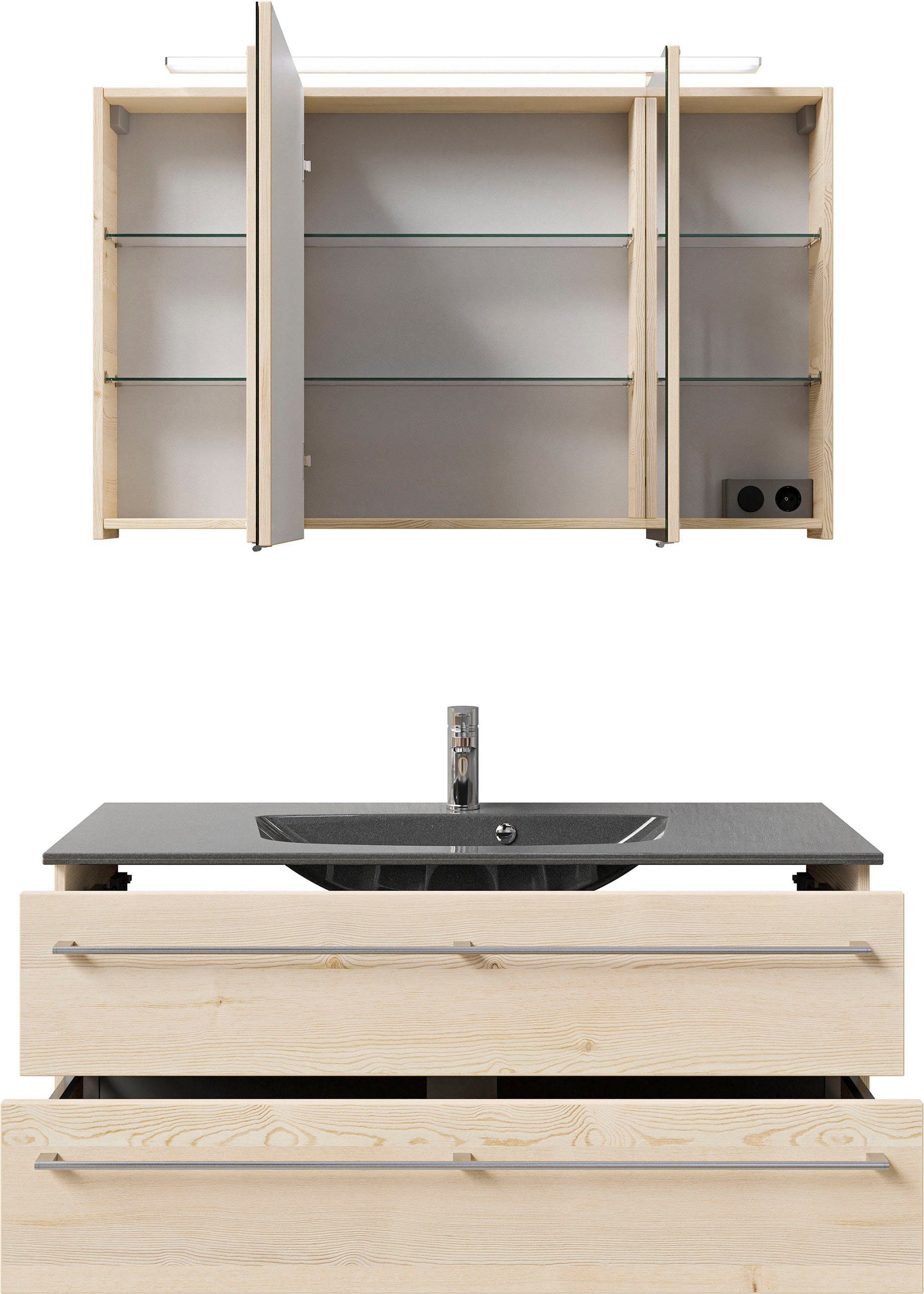 Saphir Badkamerserie Serie 6025 2-delig, mineraalmarmeren wastafel met led-spiegelkast Wastafelmeubel 117 cm breed, 2 laden, 3 spiegeldeuren, incl. deurdemper (2-delig)