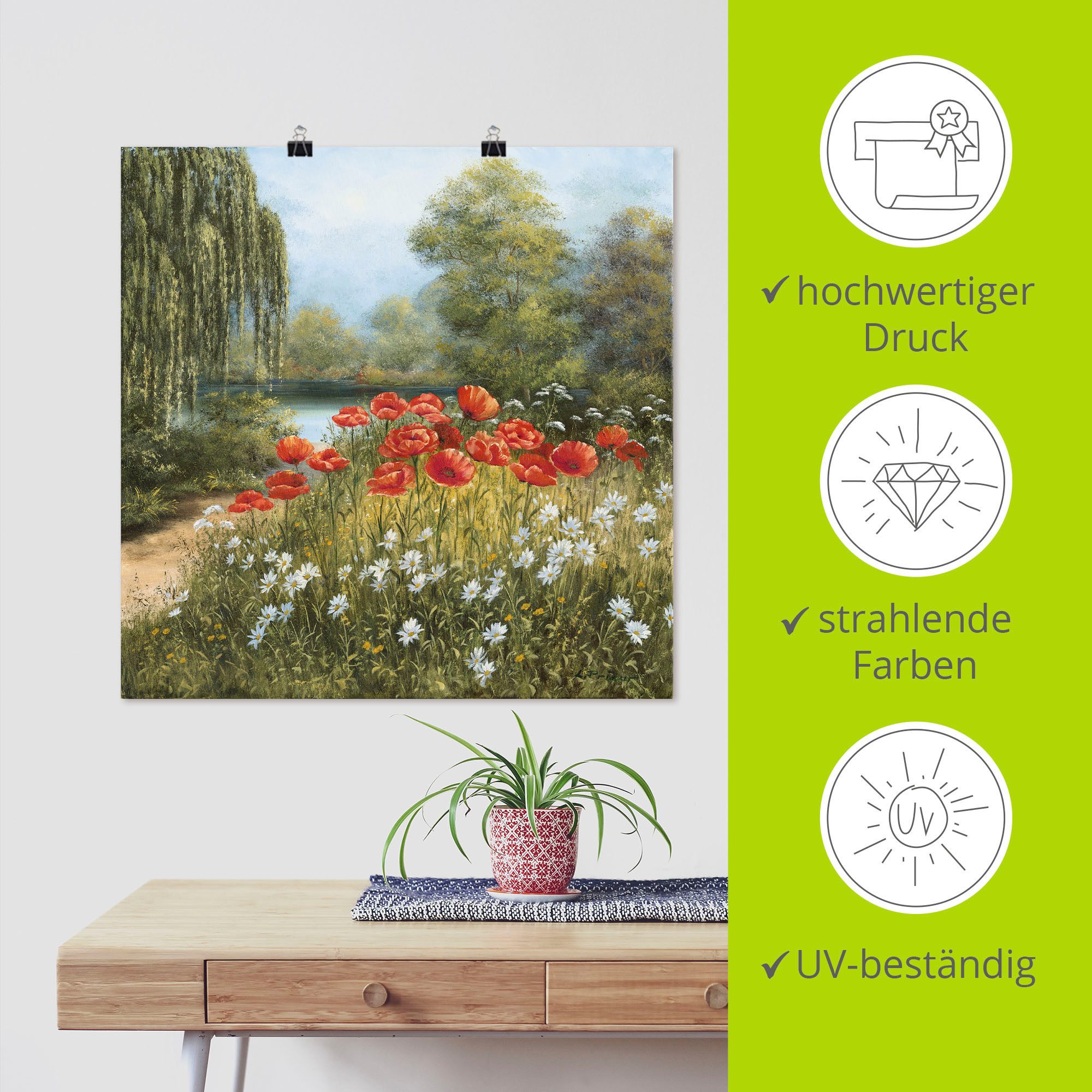 Artland Artprint Klaproosweide aan het meer als artprint van aluminium, artprint voor buiten, artprint op linnen, poster in verschillende maten. maten