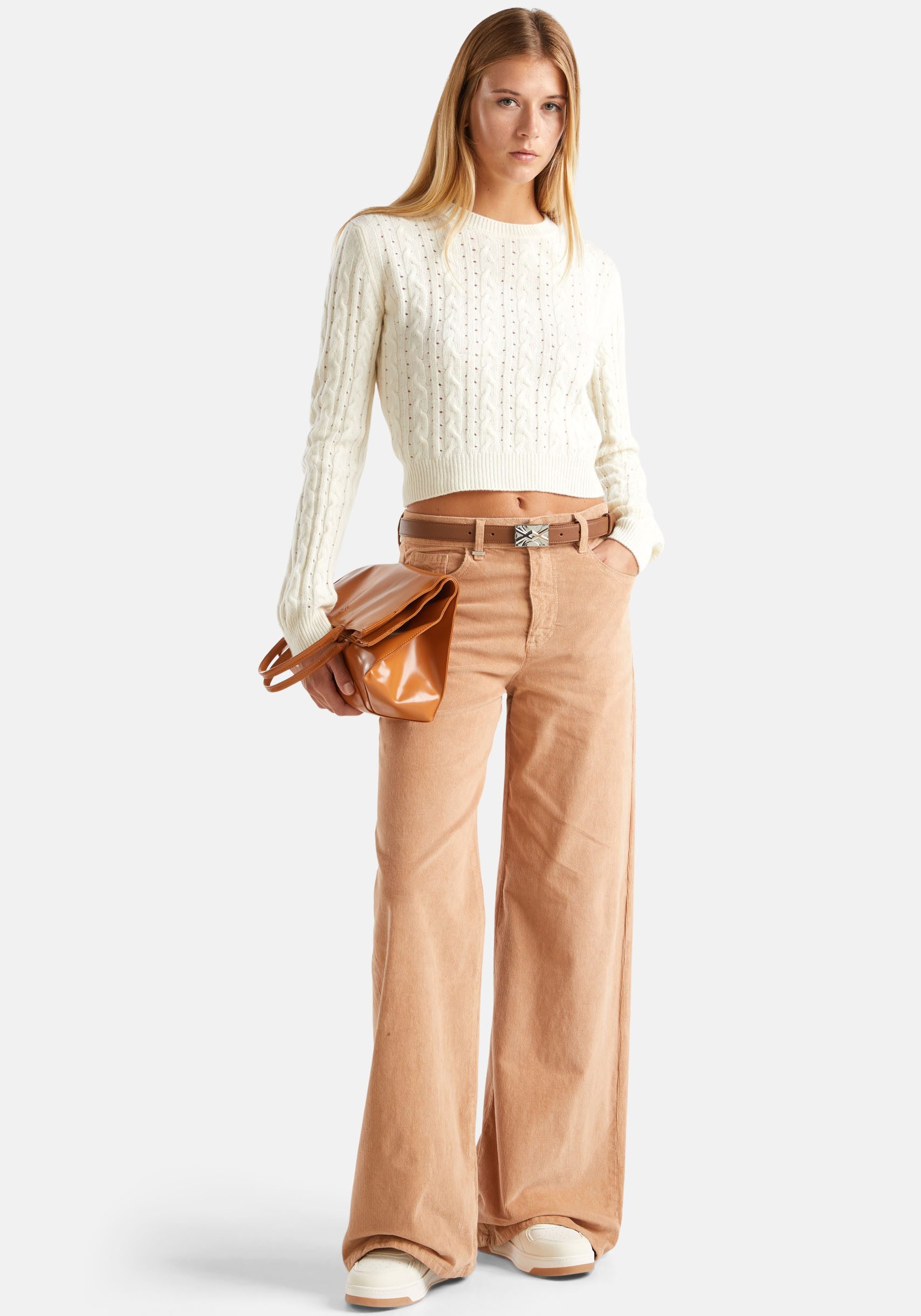 United Colors of Benetton Trui met ronde hals Cropped-vorm, met kabel- en gaatjespatroon