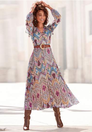 lascana maxi-jurk met geplooide rok en ruches multicolor