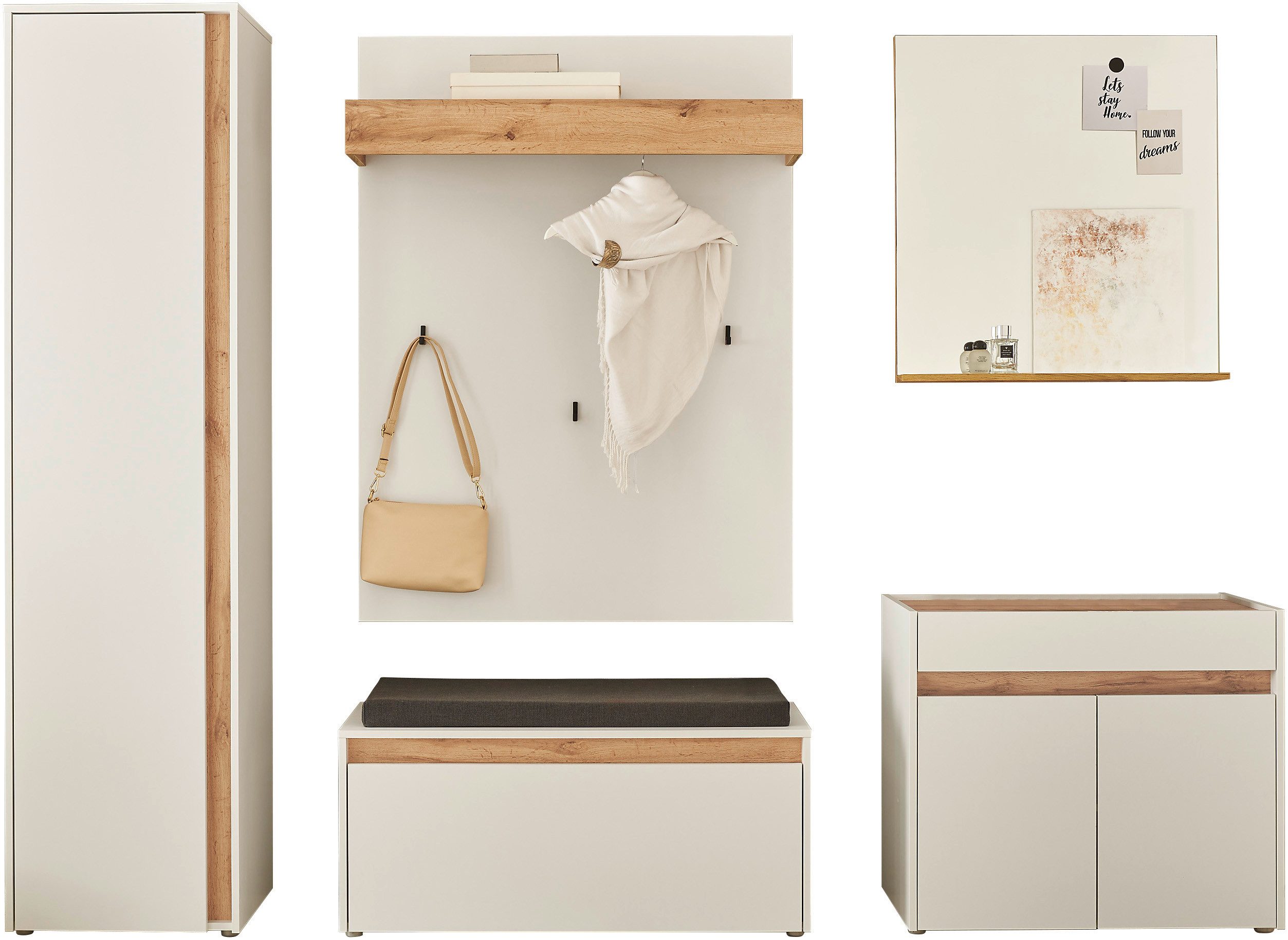 INOSIGN Halmeubelset GIRON/ CiTY, Garderobe in Wotan Eik, moderne garderobekast bevat kast, commode, spiegel, paneel & schoenenbank + zitkussen (complete set, 5-delig)
