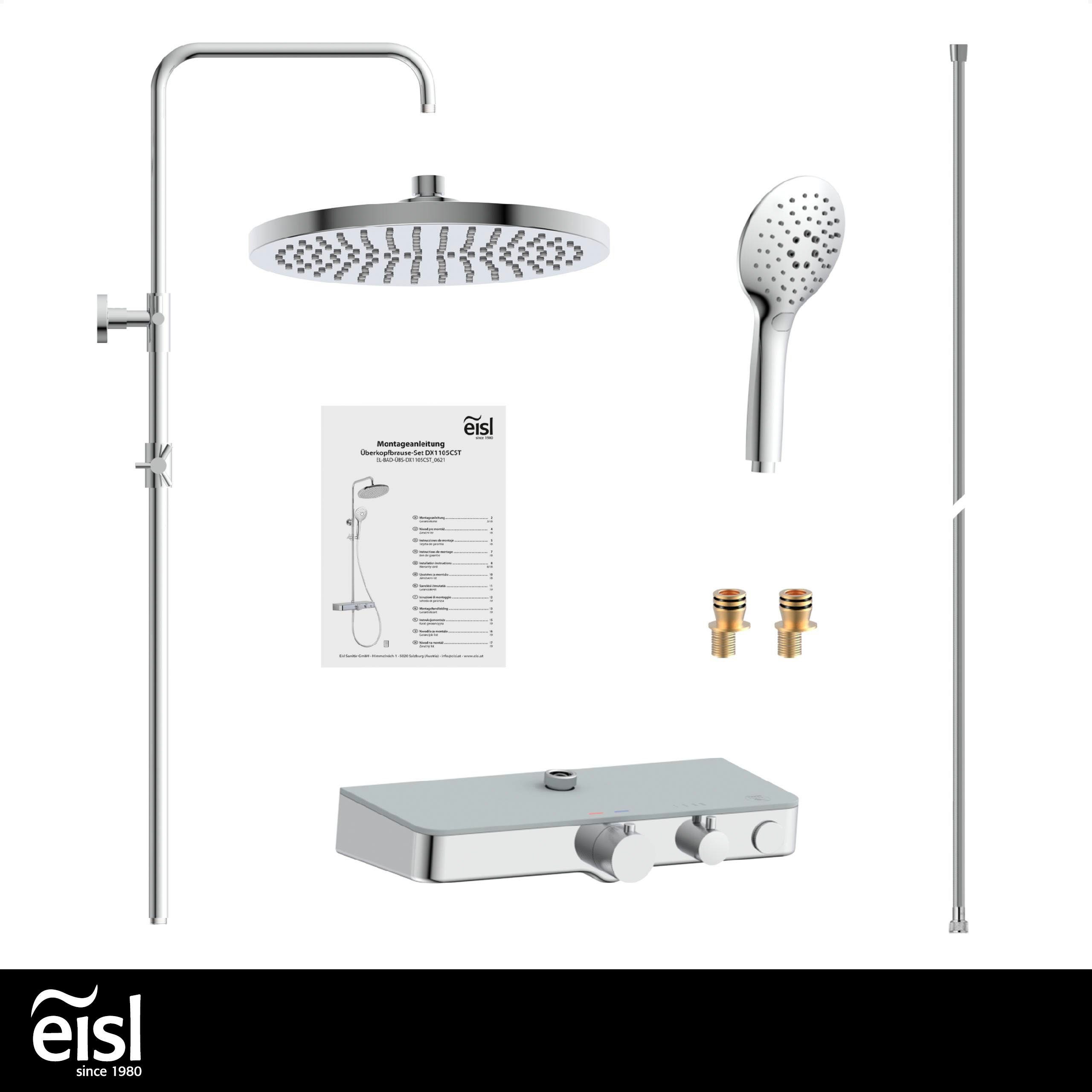 Eisl Douchestang-set Futura met thermostatische mengkraan en glasplaat, handdouche met 3 functies (complete set)