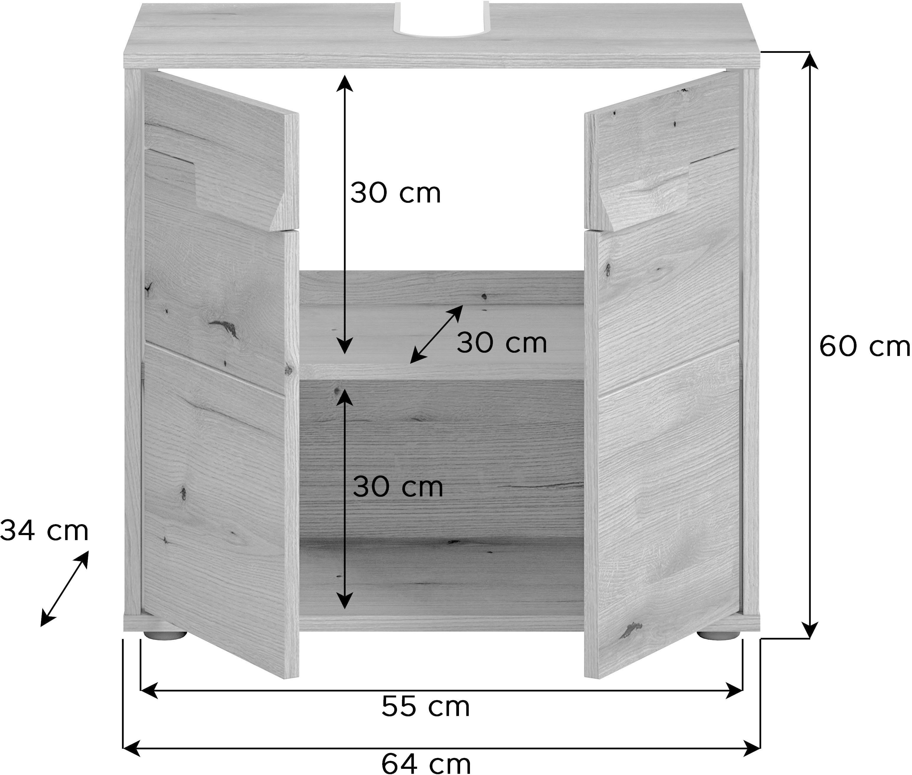 welltime Wastafelonderkast Kayu, breedte 64 cm, 2 deuren, 1 plank uniek grepenontwerp, badkast, badmeubels, badkamer, bad