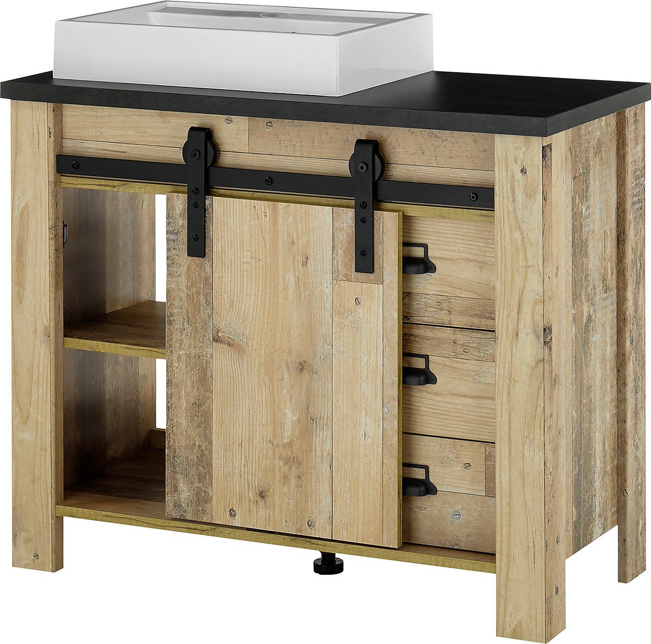 Home affaire Wastafelonderkast Sherwood Hout, schuurdeurbeslag en apothekersgrepen van metaal, hoogte 91 cm (1 stuk)