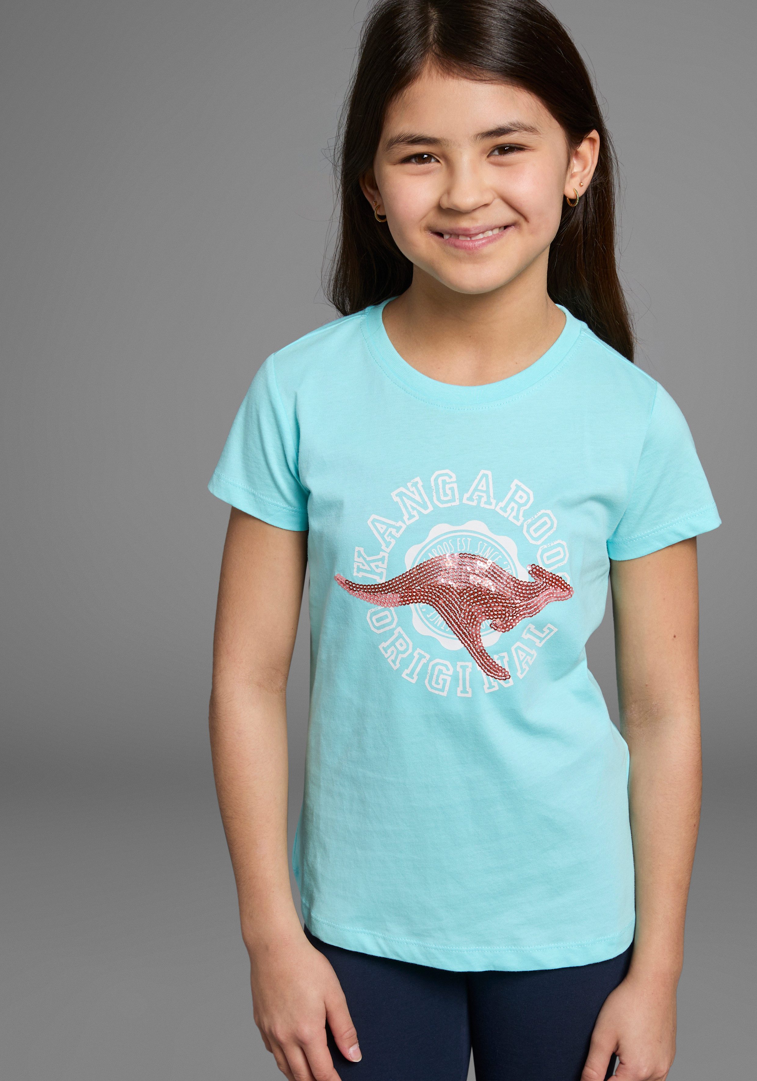 KangaROOS T-shirt Met paillettenapplicatie Korte mouwen, getailleerde snit, met logoprint en pailletten meisjes t-shirts maat 128/134 groen