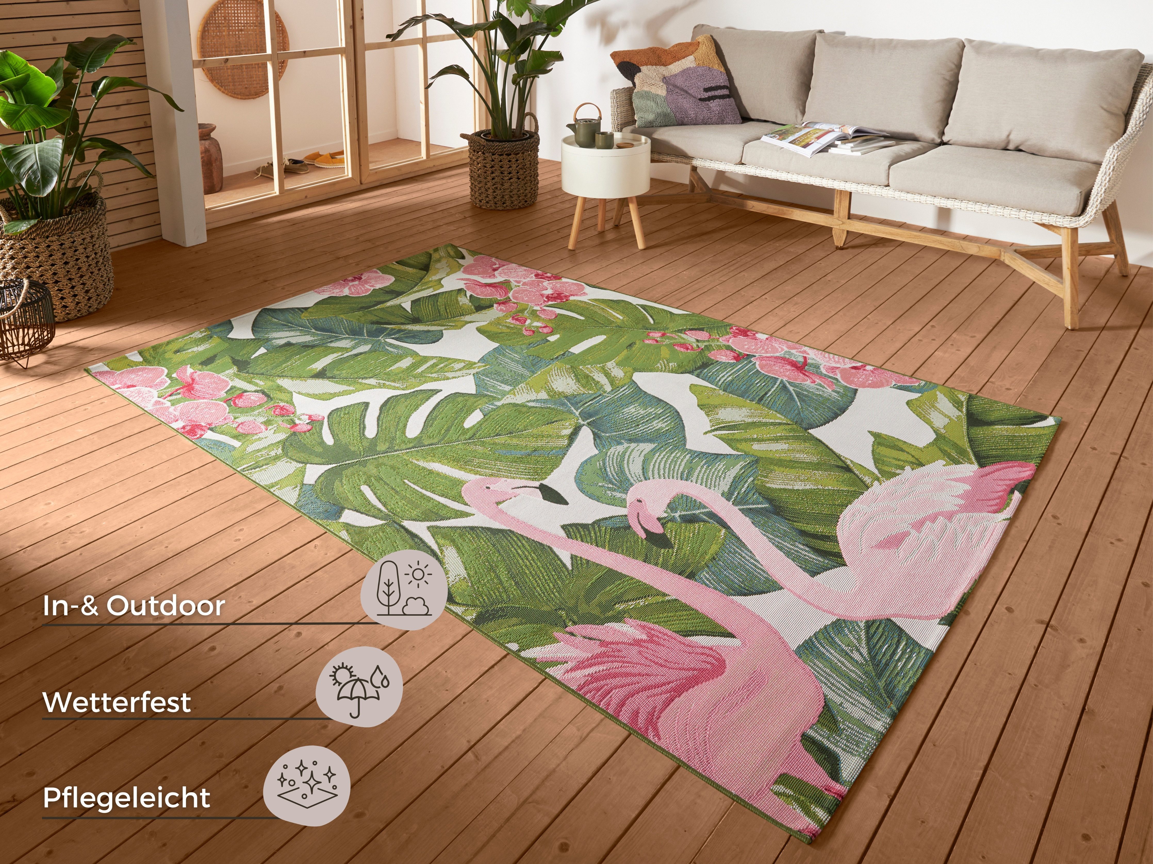 HANSE Home Outdoorkleed Tropical Flamingo In-& outdoor, tapijt, weerbestendig, balkon, tuin, woonkamer, floraal