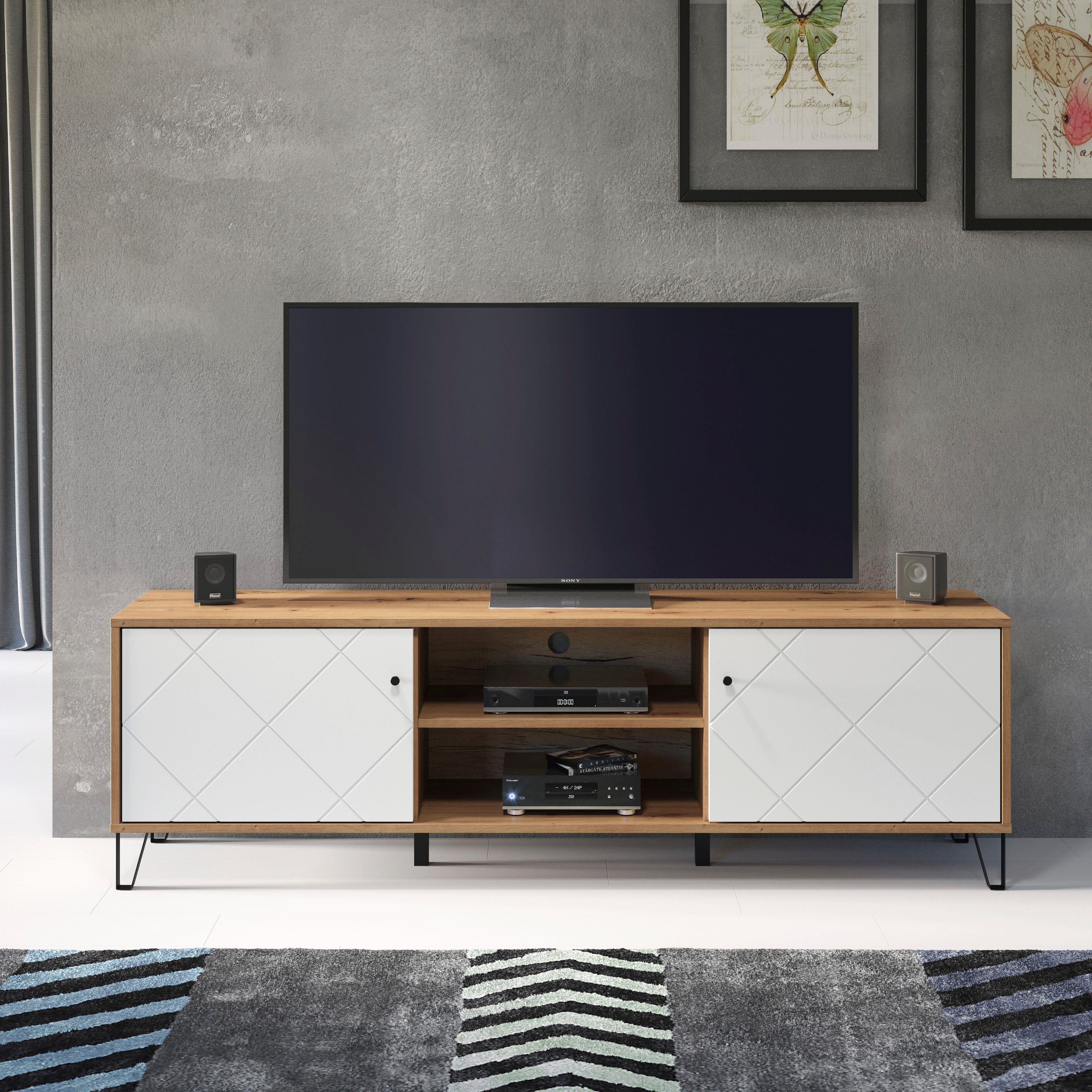 Places of Style Tv-meubel Tarragona TV-kast TV-lowboard met frezingen in ruitlook en kabeldoorvoer, Br.183 cm