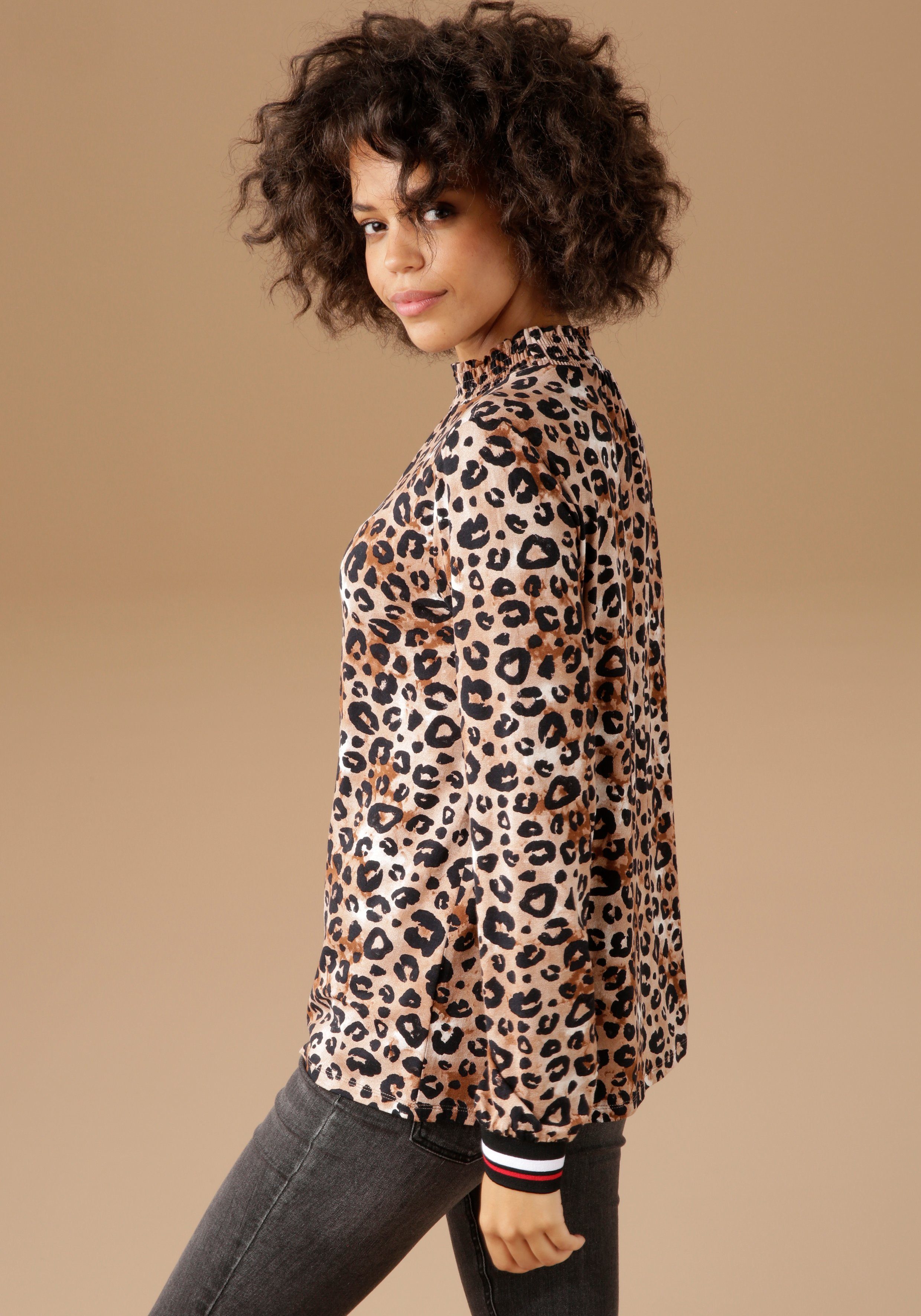 Aniston CASUAL Shirt met lange mouwen met trendy animal-print en gestreepte boord