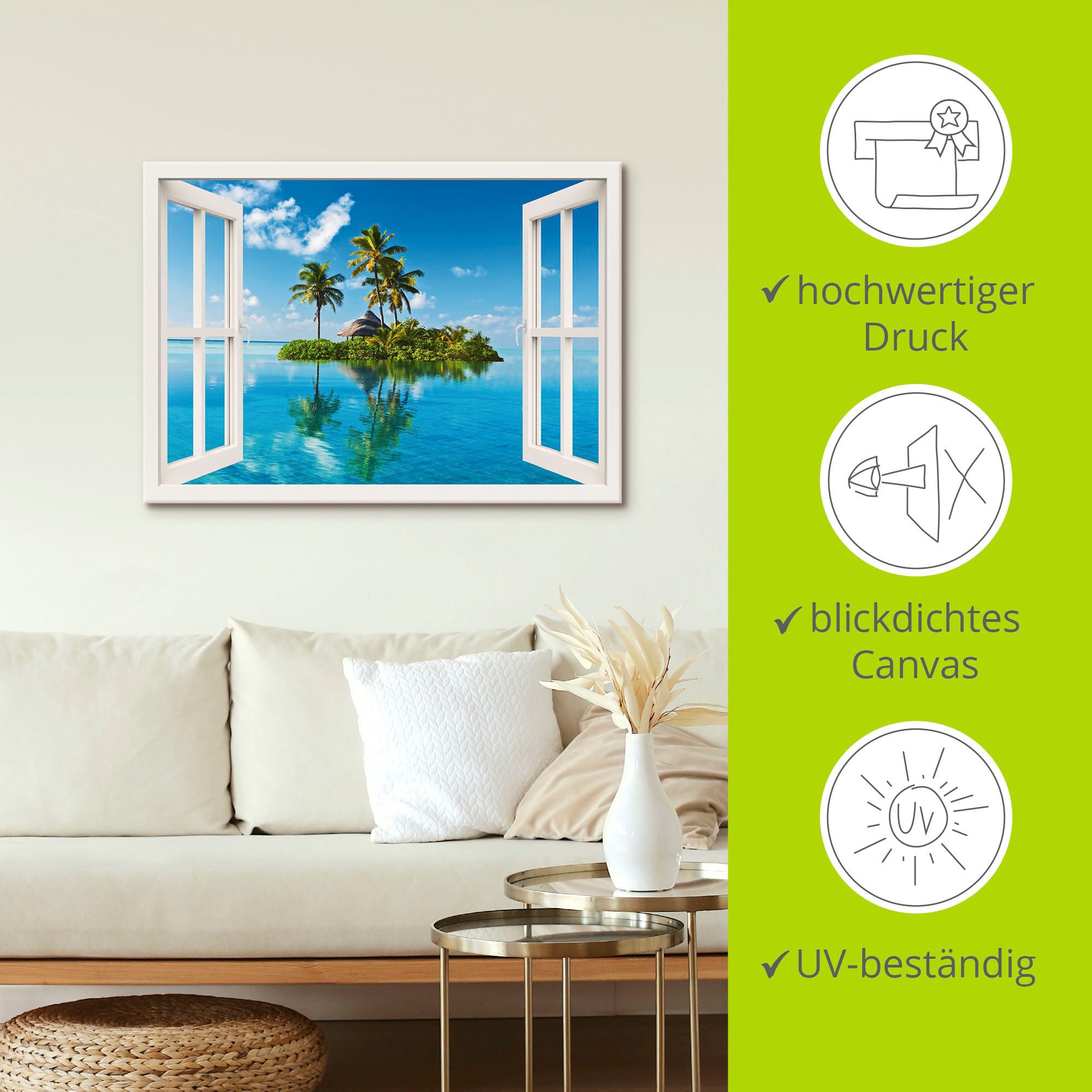 Artland Artprint Blik uit het venster eiland palmen zee als artprint op linnen, poster, muursticker in verschillende maten