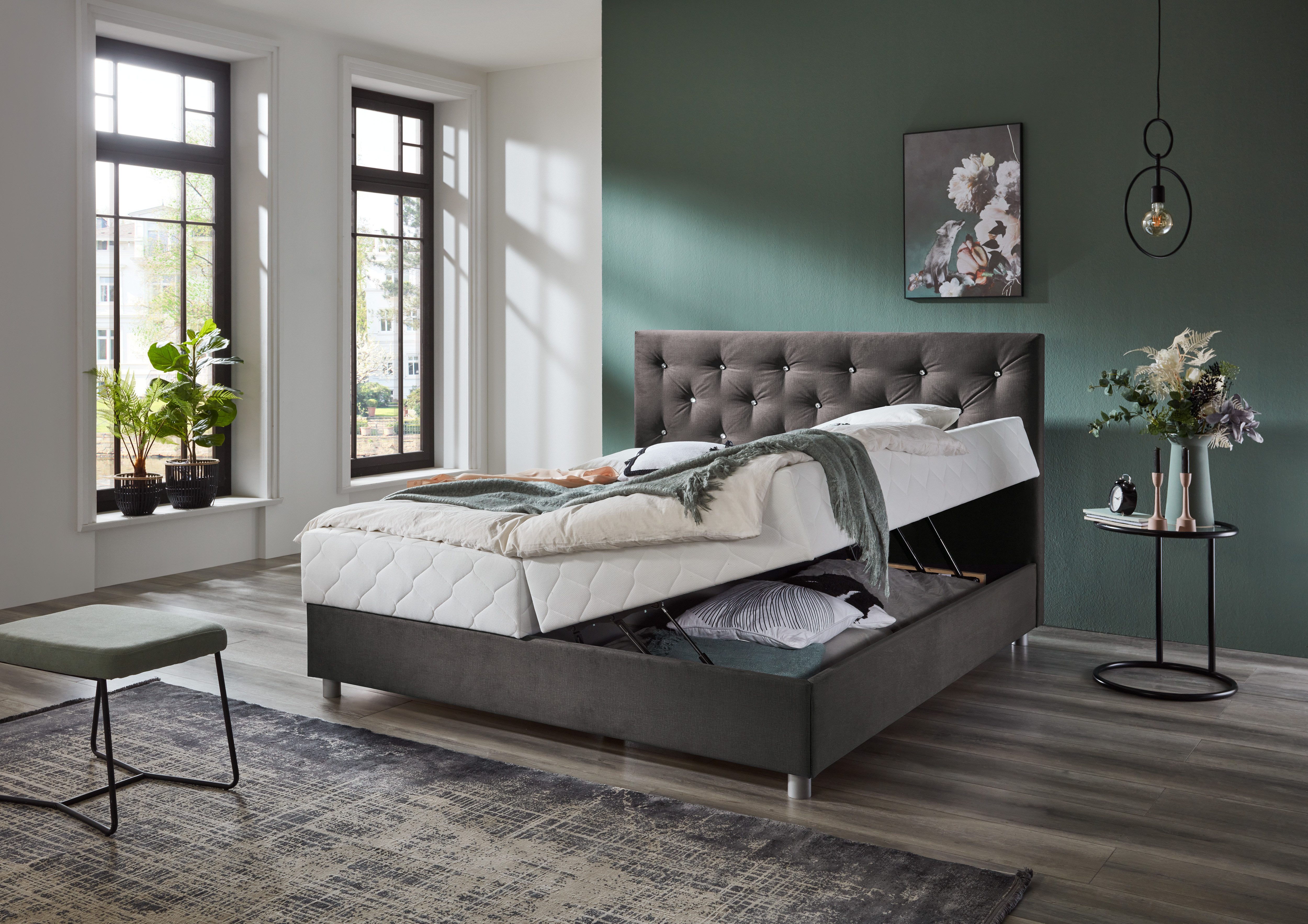 ATLANTIC home collection Boxspring CELIA in hoogwaardige fluweellook met pocketveringsmatras, bedkist en strassteentjes