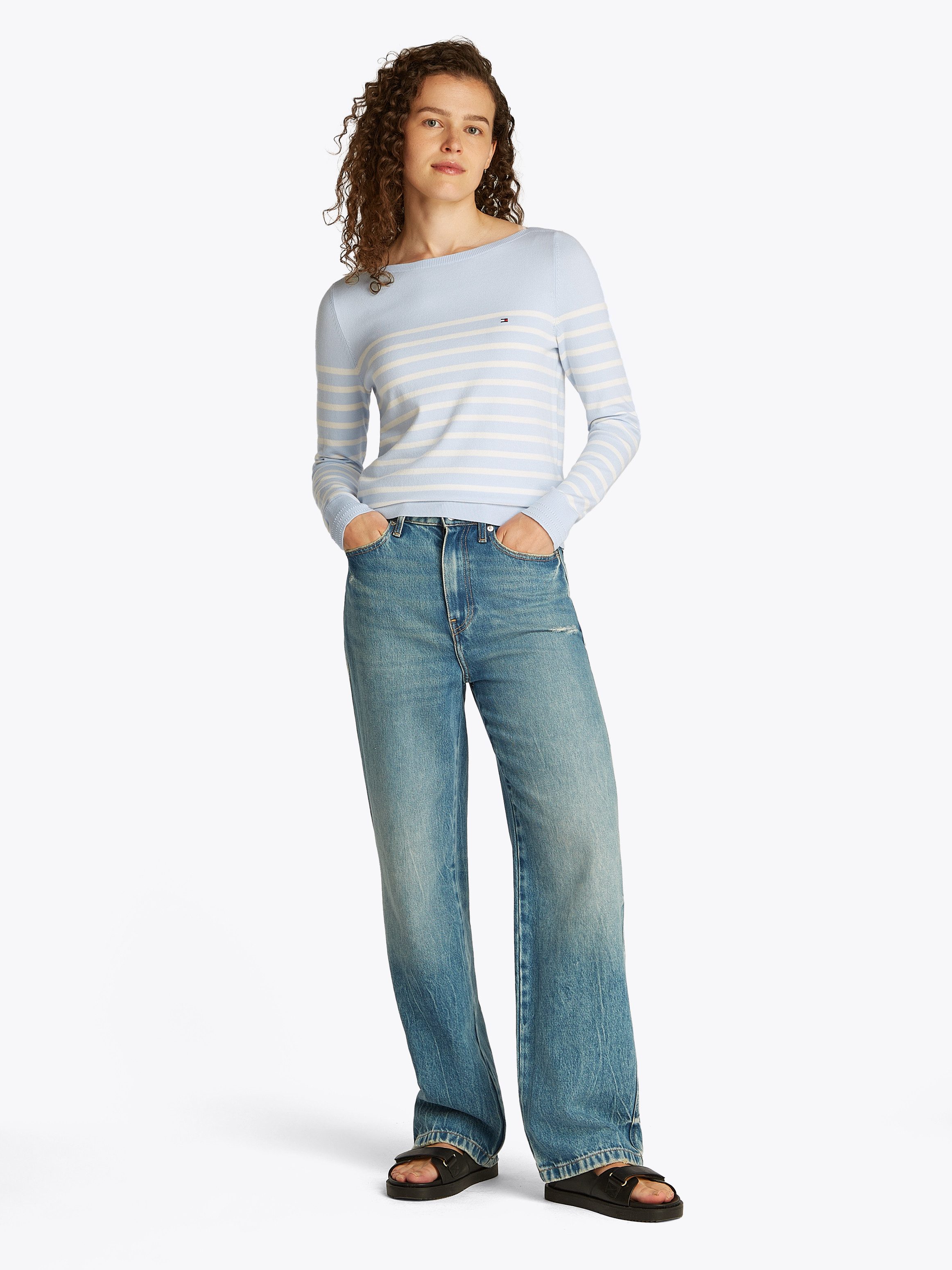 Tommy Hilfiger Gebreide trui CO JERSEY STITCH BOAT-NK SWEATER met -merklabel op de mouw