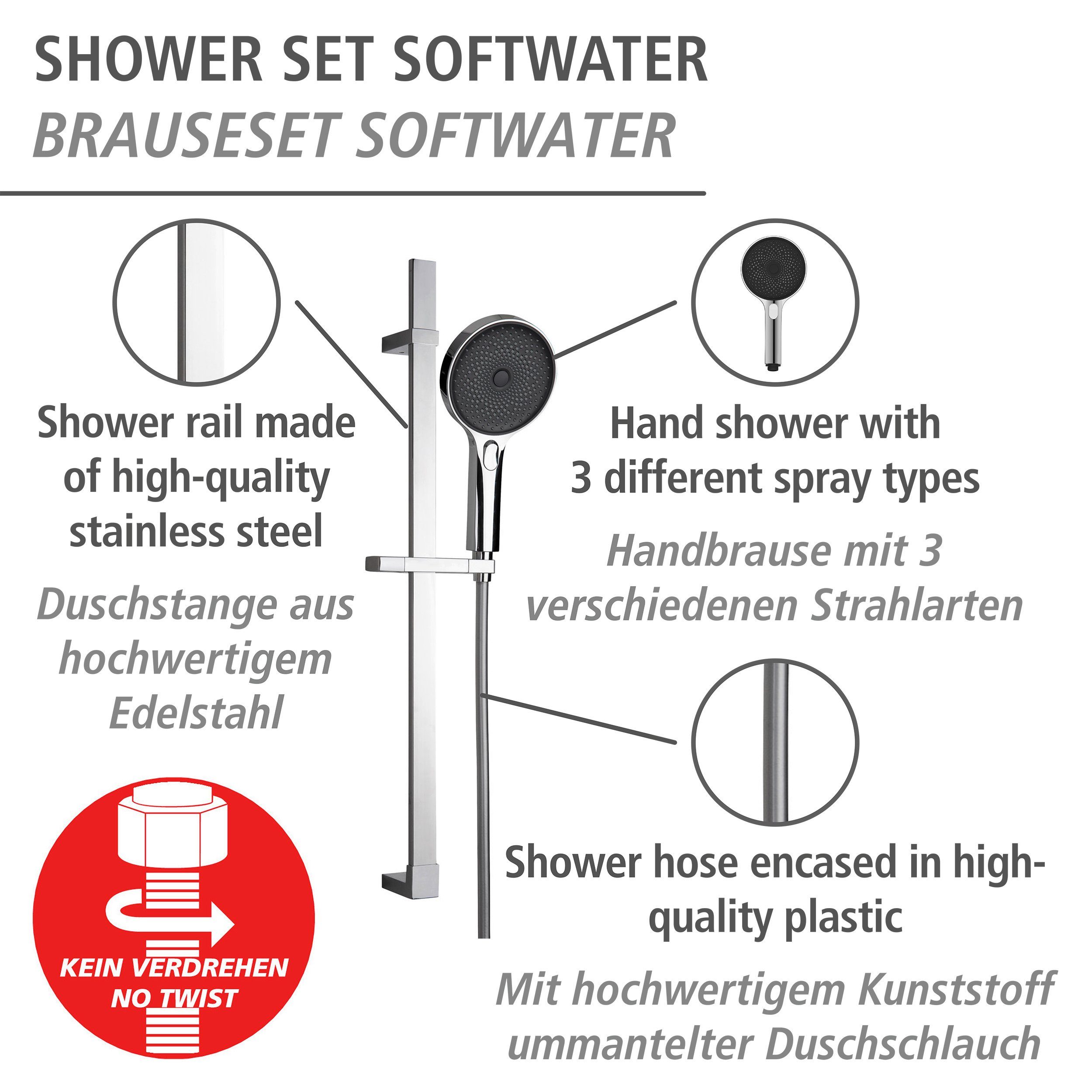 WENKO Douchestang-set Softwater Chroom, lengte stang: 68 cm