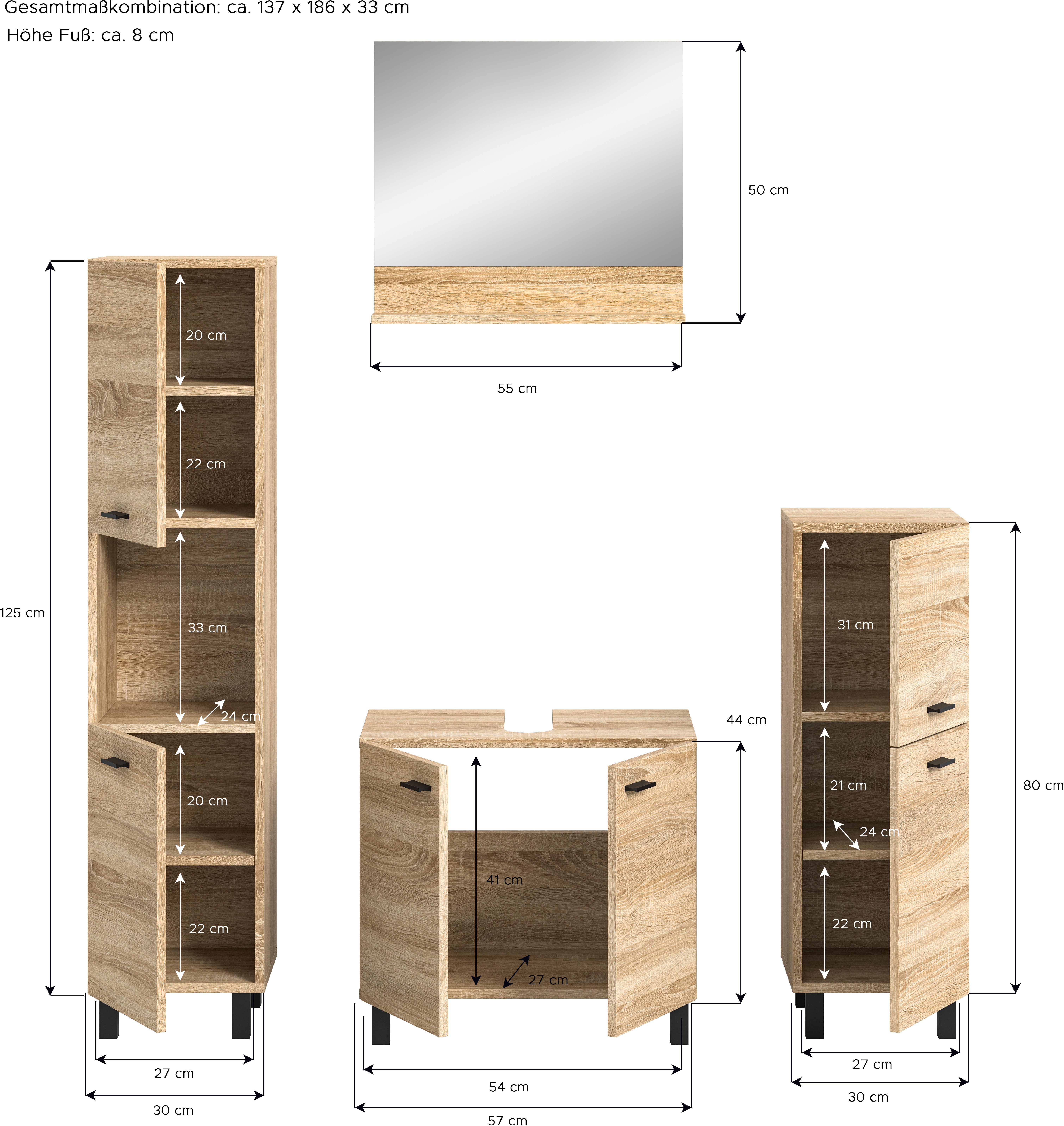 welltime Badmeubelset Tampa, breedte 137cm, 4-delig Wastafelonderkast, spiegel, hoge kast, midikast (4 stuks)