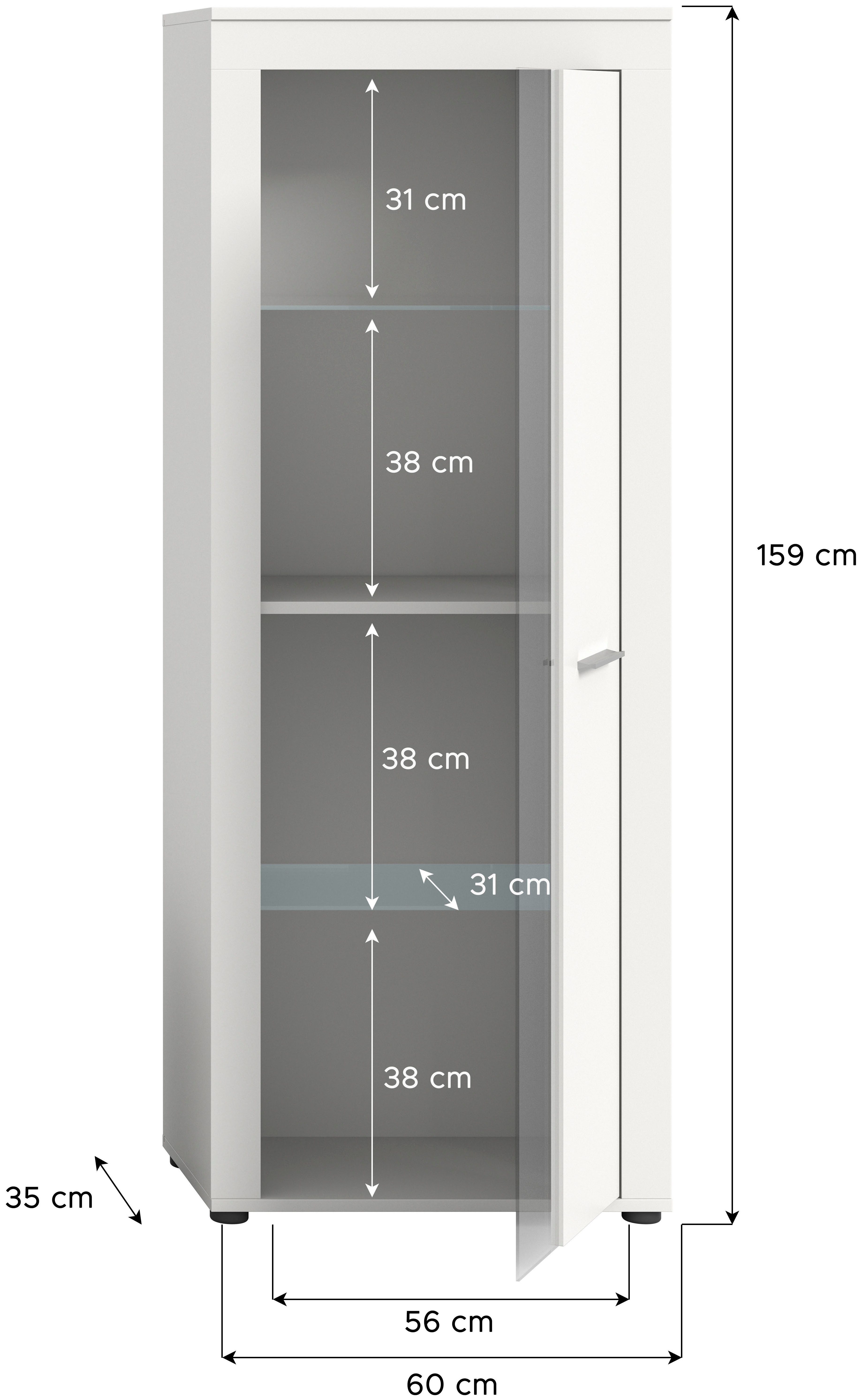 INOSIGN Vitrinekast Aosta, hoogte 159 cm, in verschillende kleuruitvoeringen 1 deur, 3 legplanken, 4 vakken, woonkamer, staande vitrine, glazen vitrine