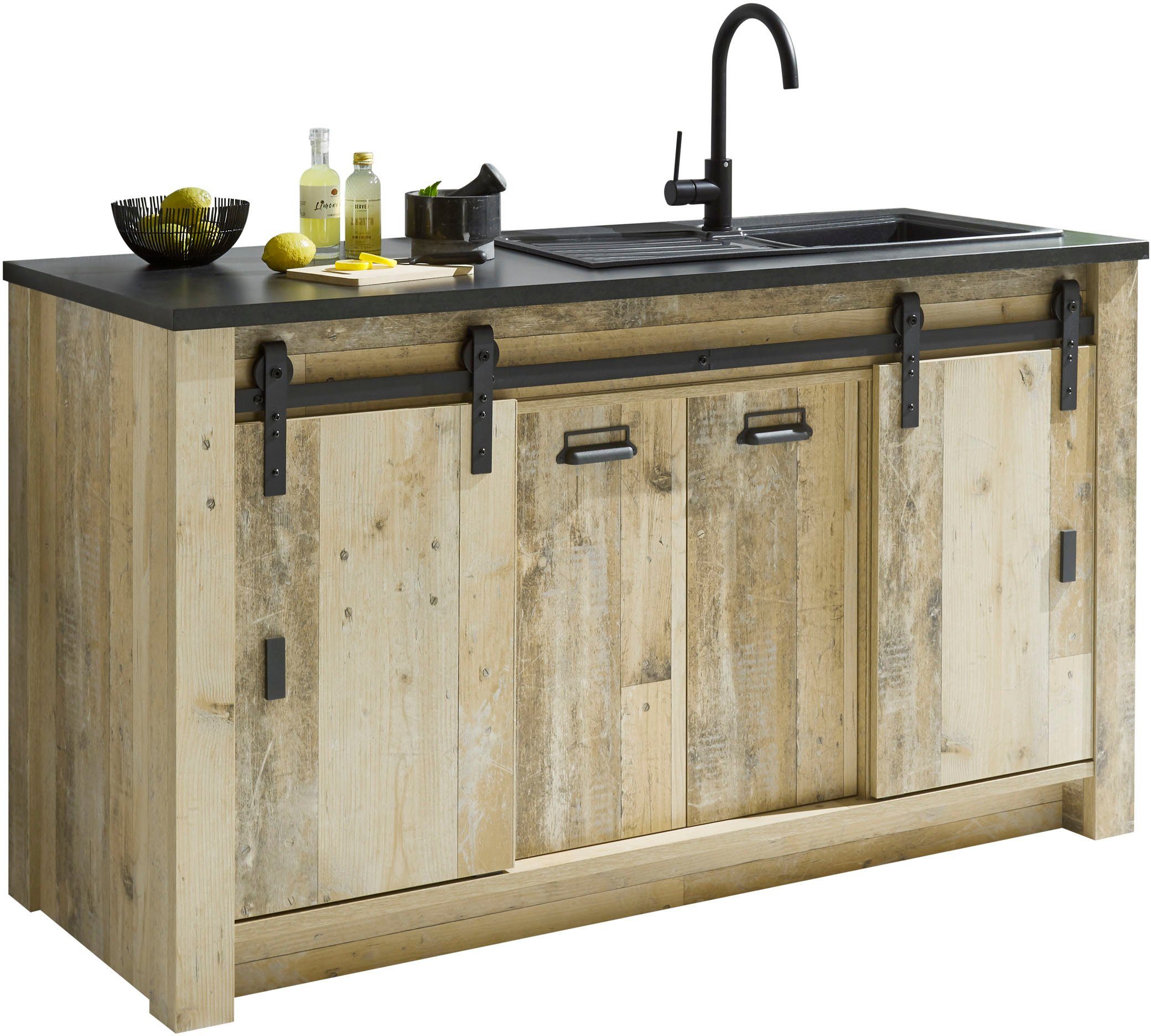 Home affaire Gootsteenkast Sherwood Breedte 161 cm, schuurdeurbeslag en apothekersgrepen van metaal