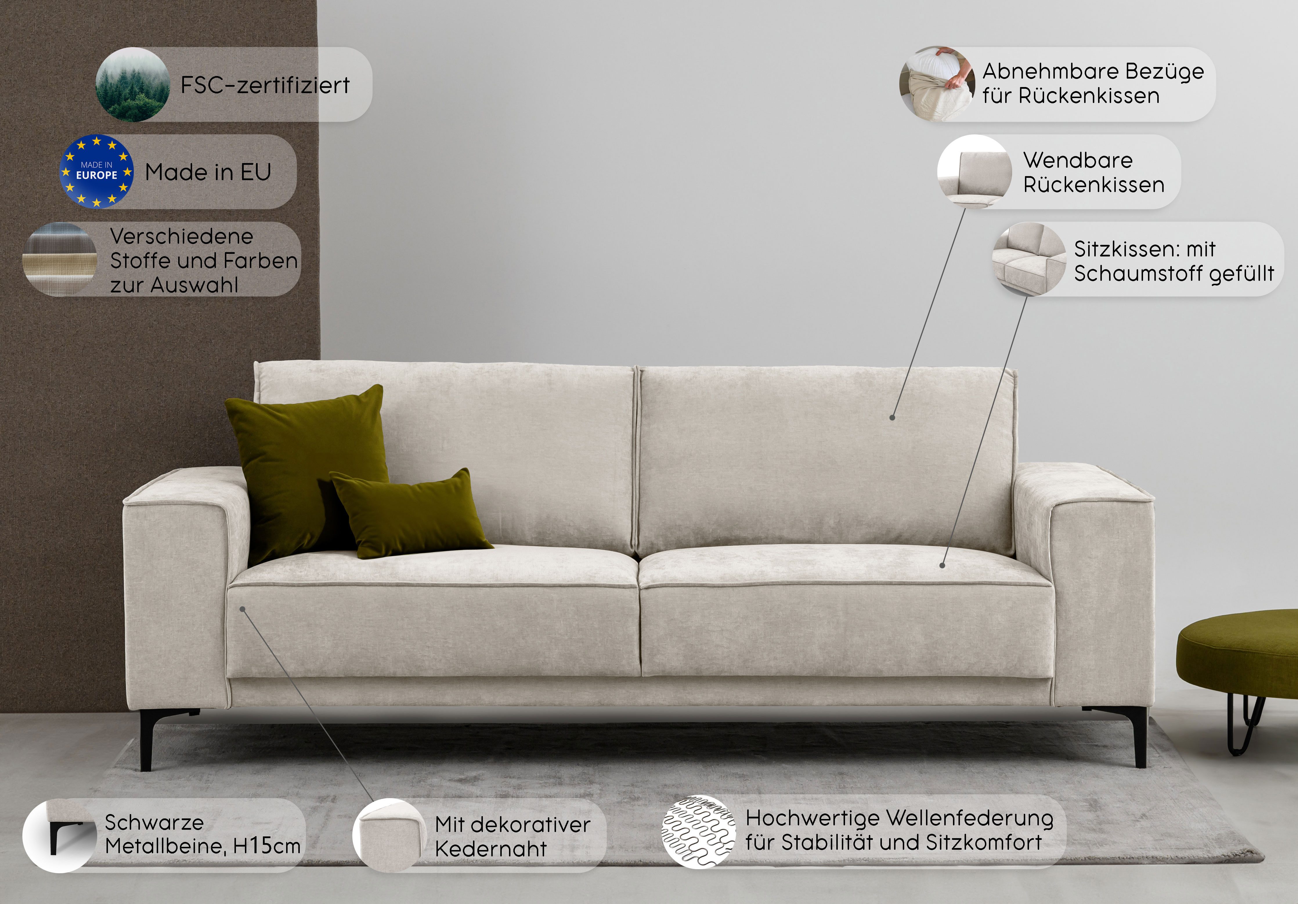 Places of Style 3-zitsbank Oland in tijdloos design en hoogwaardige verwerking