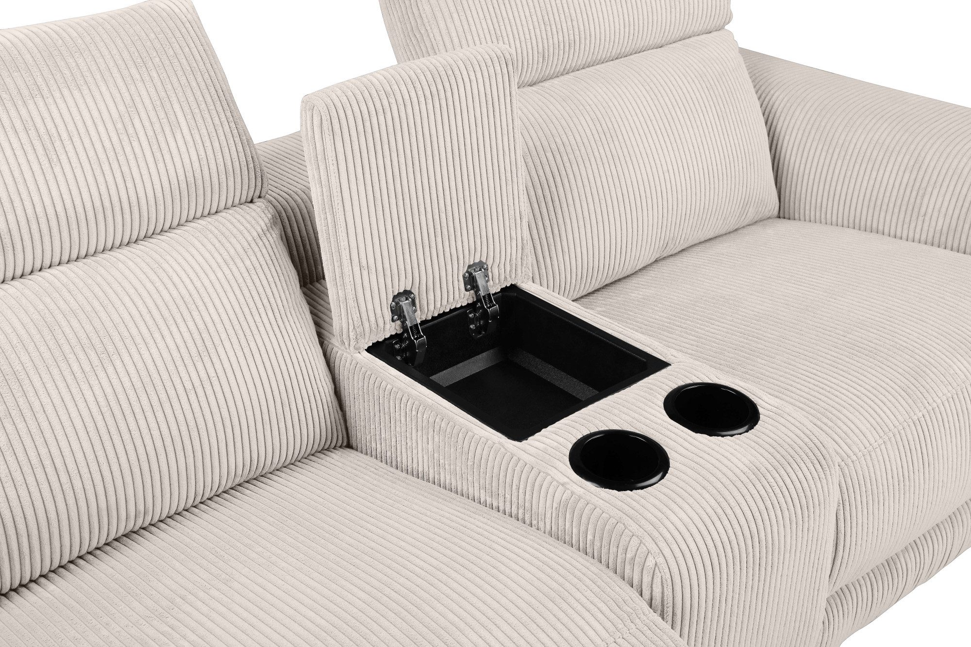 Places of Style 2-zitsbank Lund in cord, 2-zits bioscoopbank, tv-fauteuil, multimedia-sofa, USB-A met elektrische of handmatige relaxfunctie, bekerhouder en opbergruimte