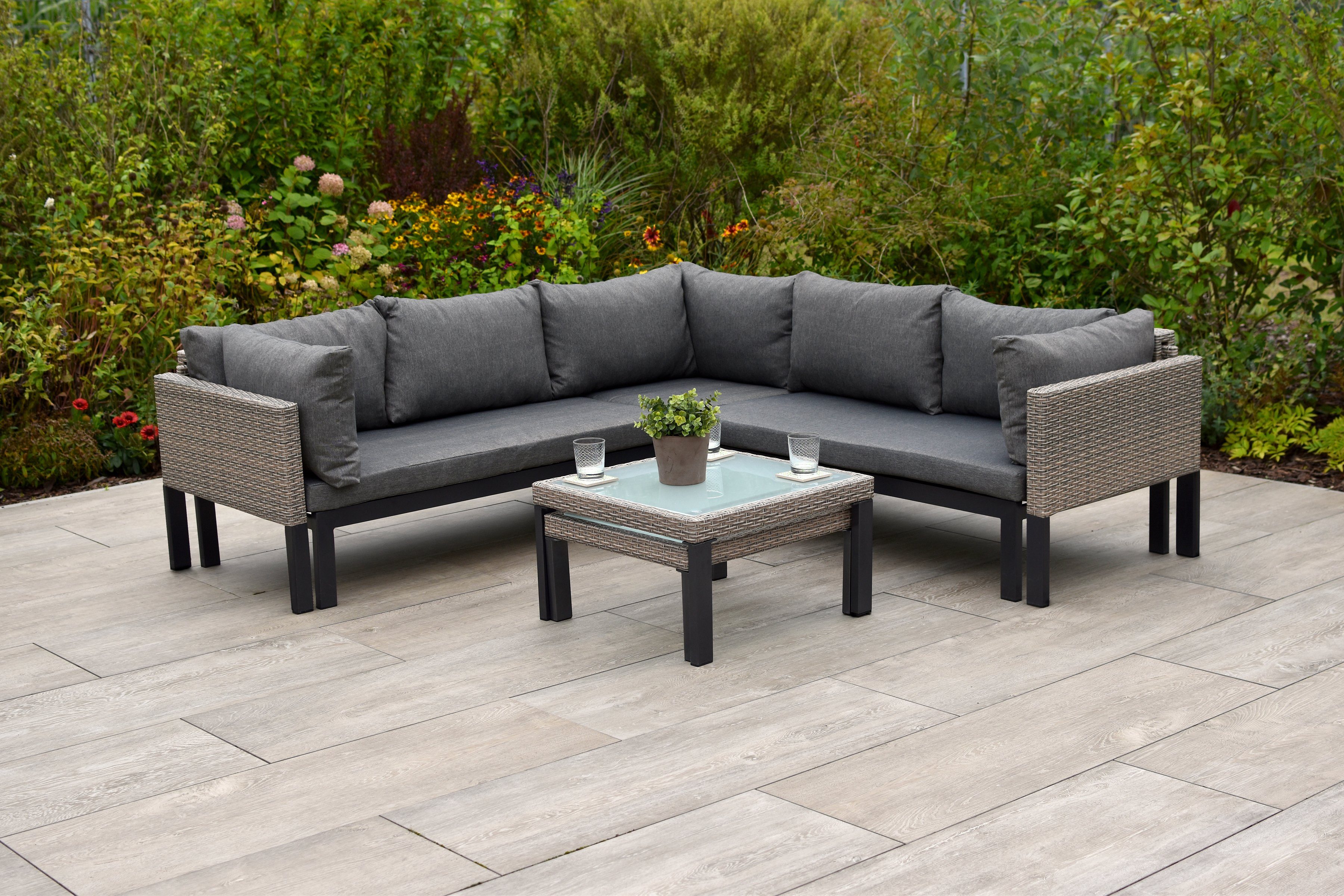 MERXX Tuin-eethoek Amantea Hoekbank, incl. zit- en rugkussens, 2 tafels (set, 16-delig) tuinsets