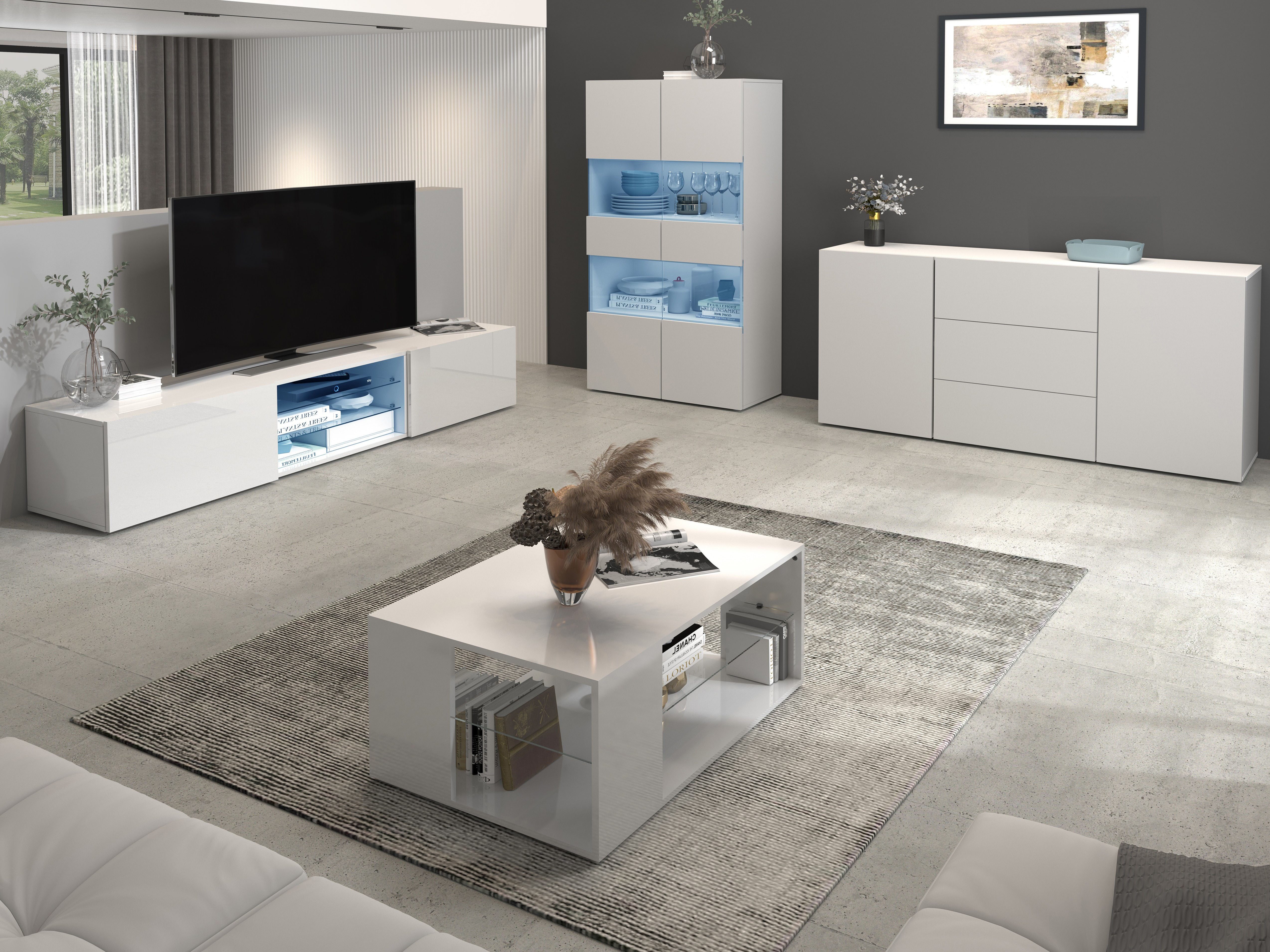 INOSIGN Tv-meubel Egypt, Lowboard, TV-ladekast, TV-meubel, TV-bank met 2 kleppen, 2 glazen planken, volledig hoogglans gelakt (b/d/h) 240x38x35 cm