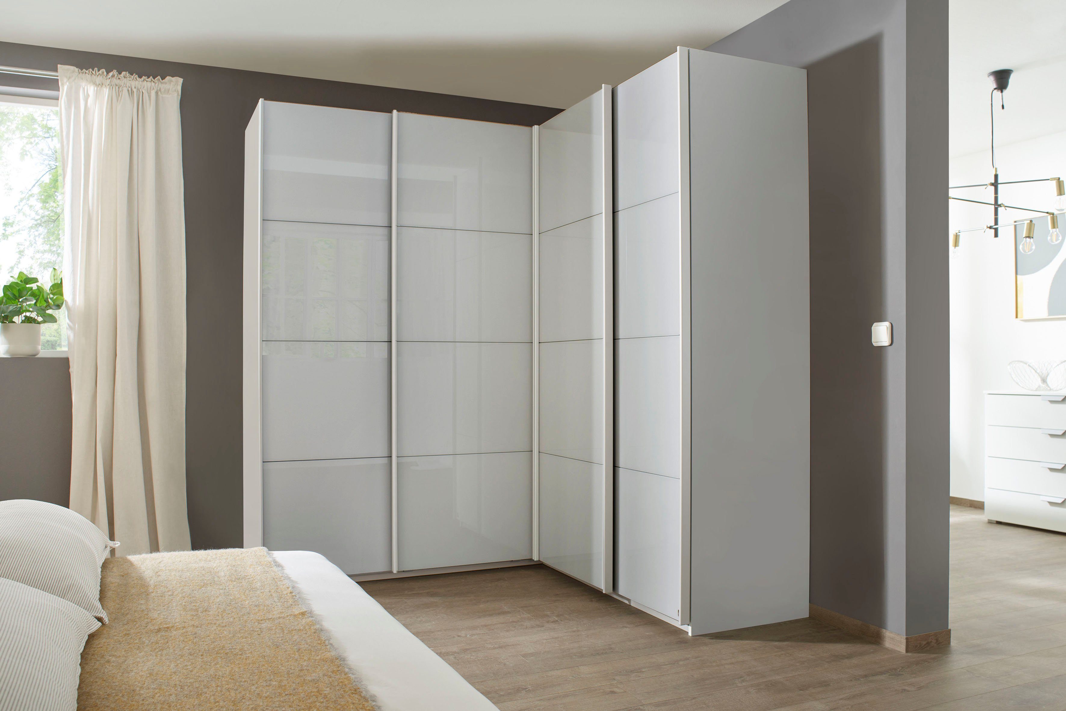 rauch Zweefdeurkast Quadra Hoekkast inclusief deurdemper, met glasdeuren zweefdeurkasten maat 181 cm x 210 cm x 187 cm grijs